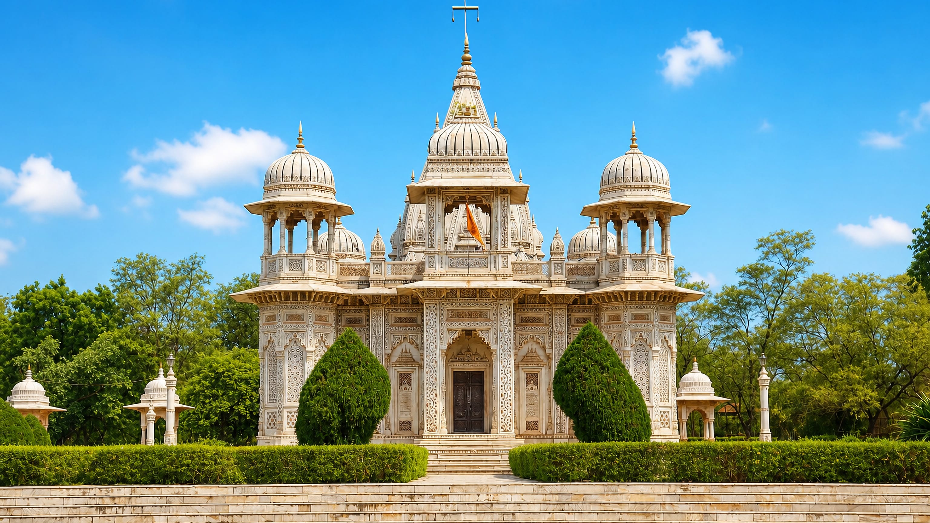 Ornate white marble Scindia chhatris with carved domes and cupolas under a blue sky in Shivpuri, Madhya Pradesh.