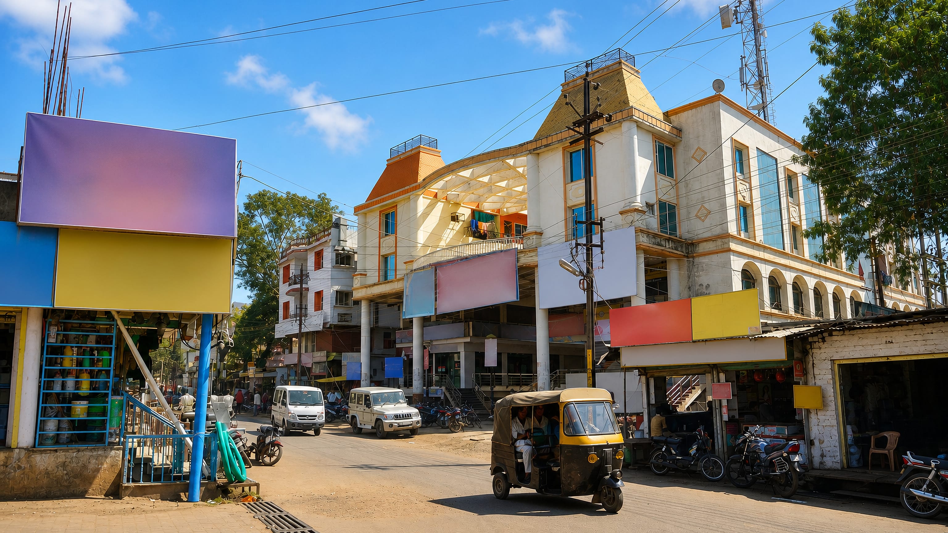 A sunlit commercial street in Vidisha, Madhya Pradesh, with an auto-rickshaw passing shopfronts and billboards