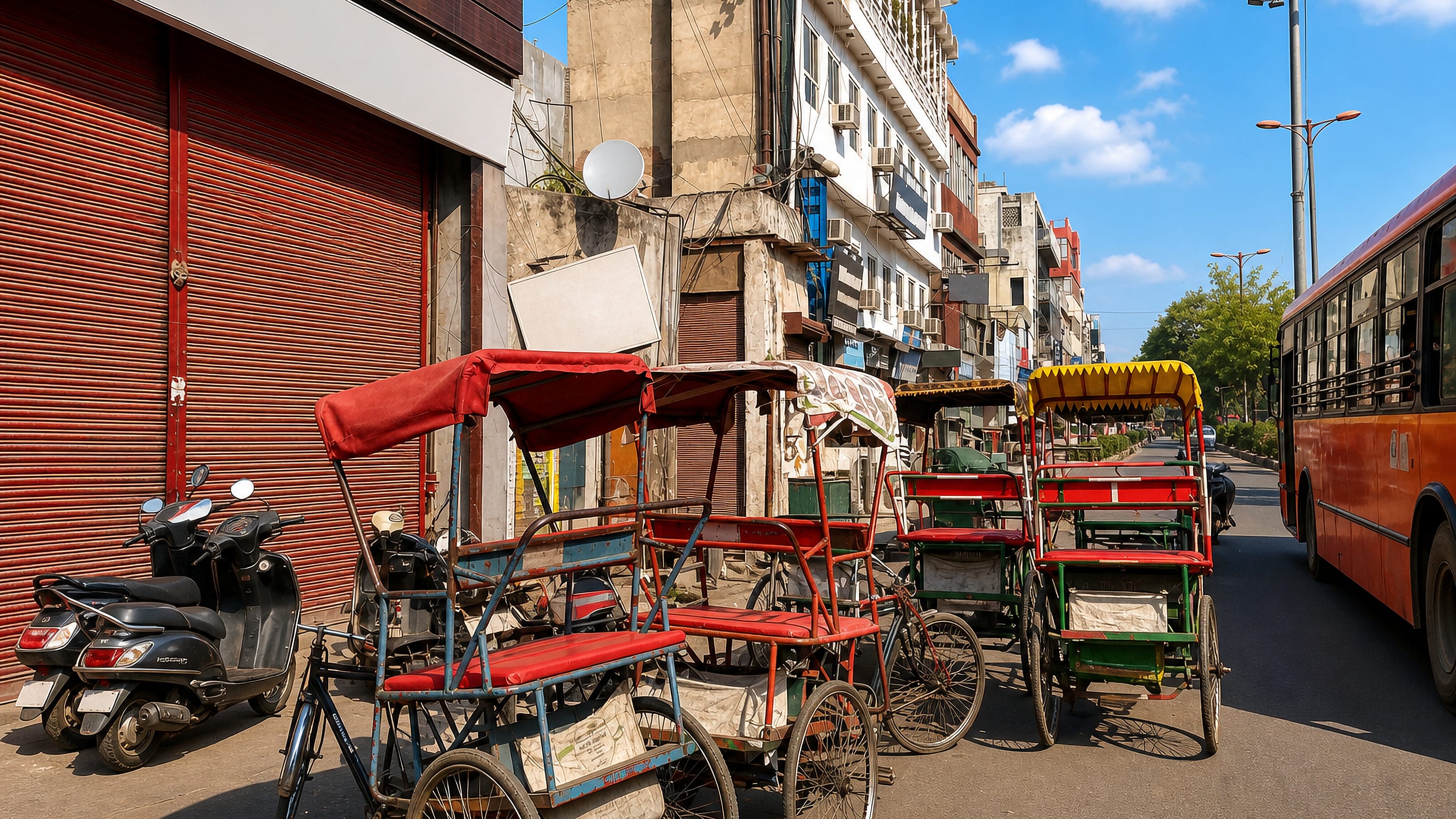 Cycle rickshaws parked along a shuttered shopfront street in Central Delhi as a red city bus passes