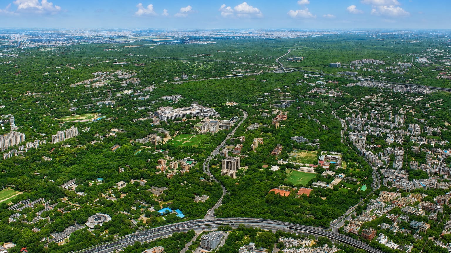 Aerial view over the leafy low-rise expanse and looping road interchanges of Delhi under a blue sky.