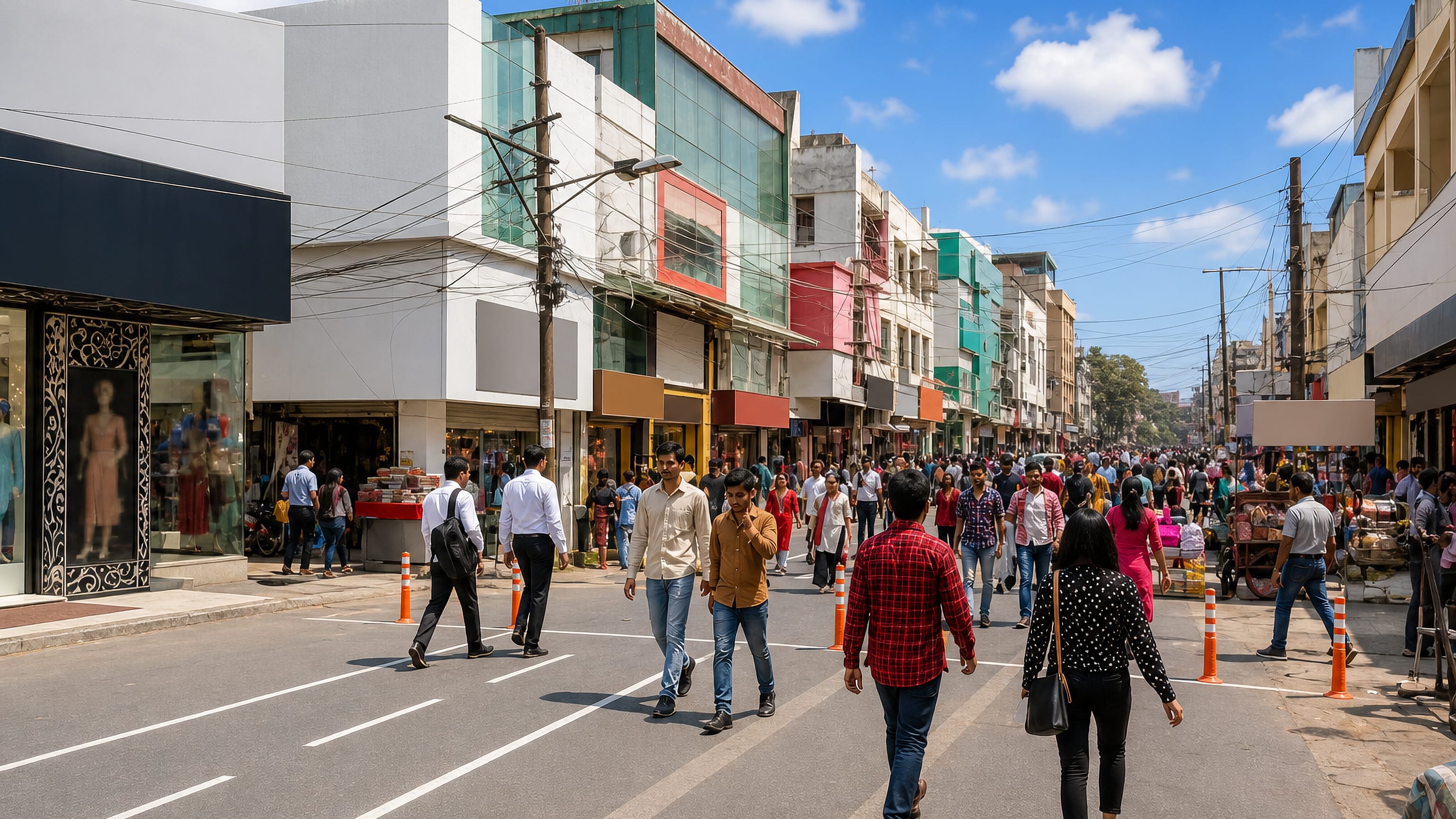Crowded shopping street lined with clothing stores in Karol Bagh, Delhi.