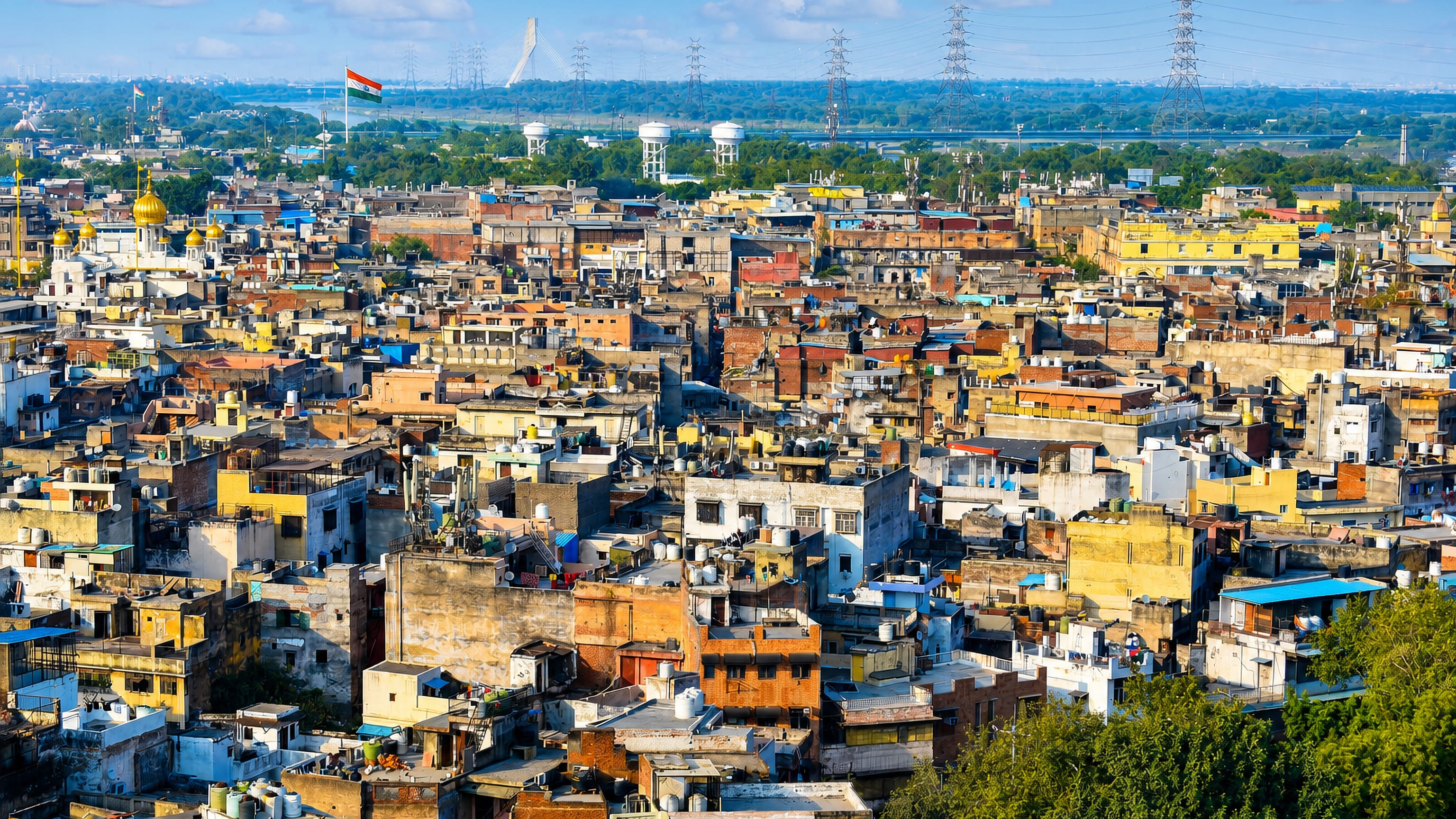 Dense rooftops of Old Delhi with an Indian flag, the Yamuna floodplain and Signature Bridge in the distance