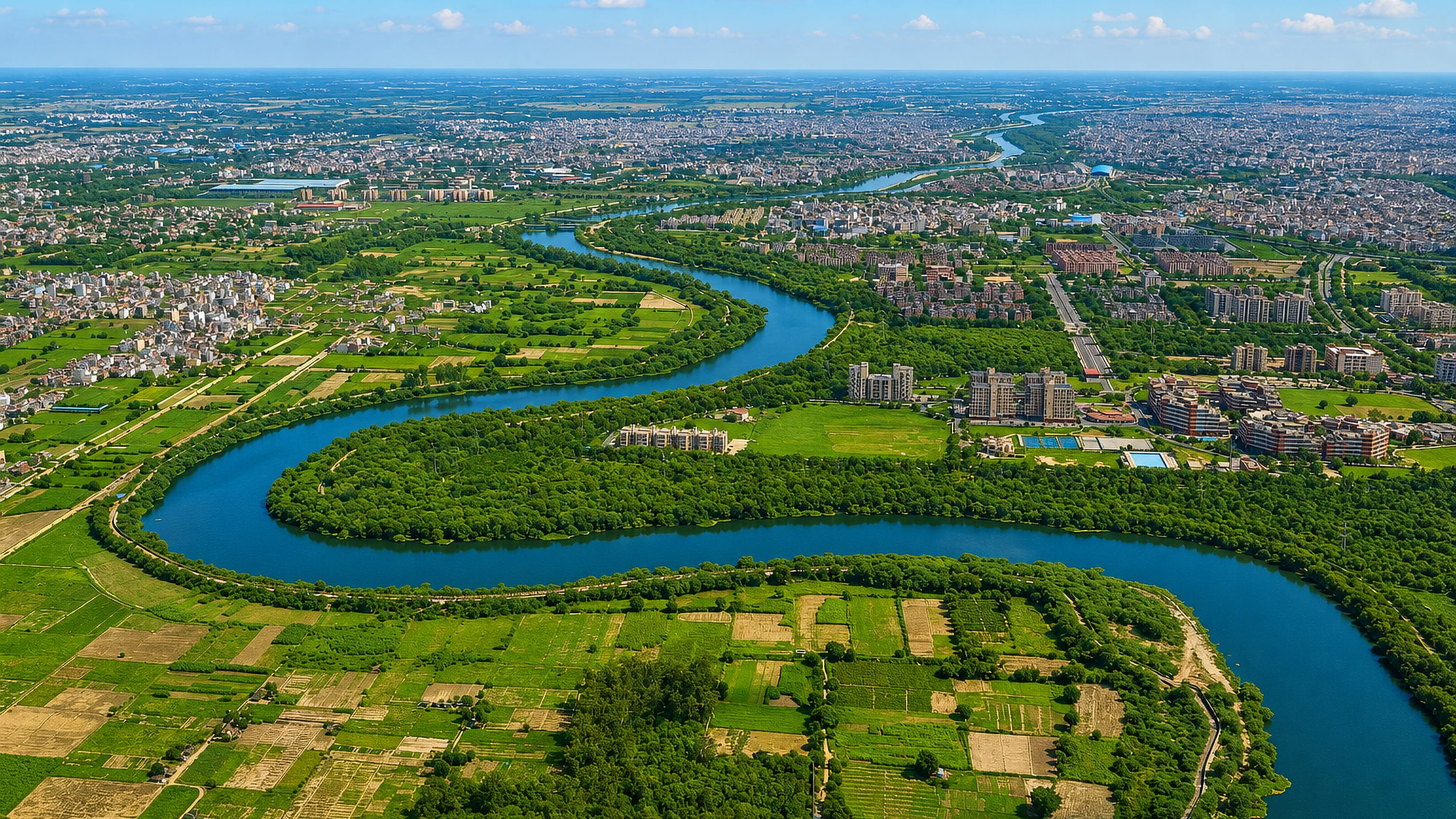 Aerial view of Najafgarh, Delhi, where a meandering river winds past farm plots toward dense city blocks.