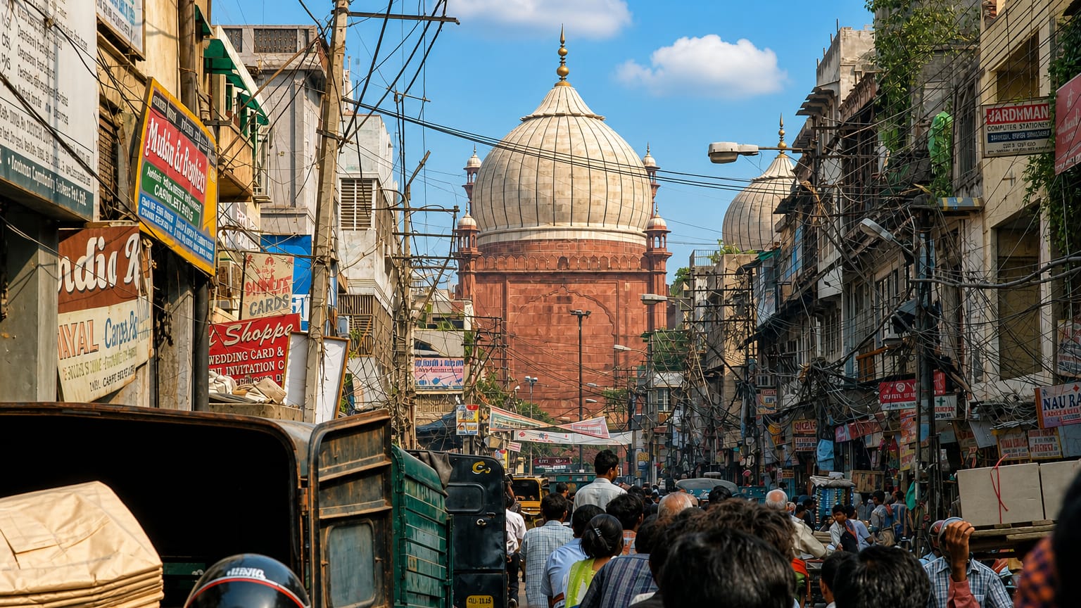 Crowded Old Delhi market lane of shop signs and wires beneath a Mughal domed mosque at Chawri Bazar, Delhi.