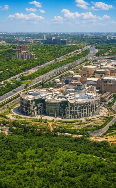Aerial of Vasant Kunj, New Delhi, showing a circular glass building set among wooded ridge greenery and highways