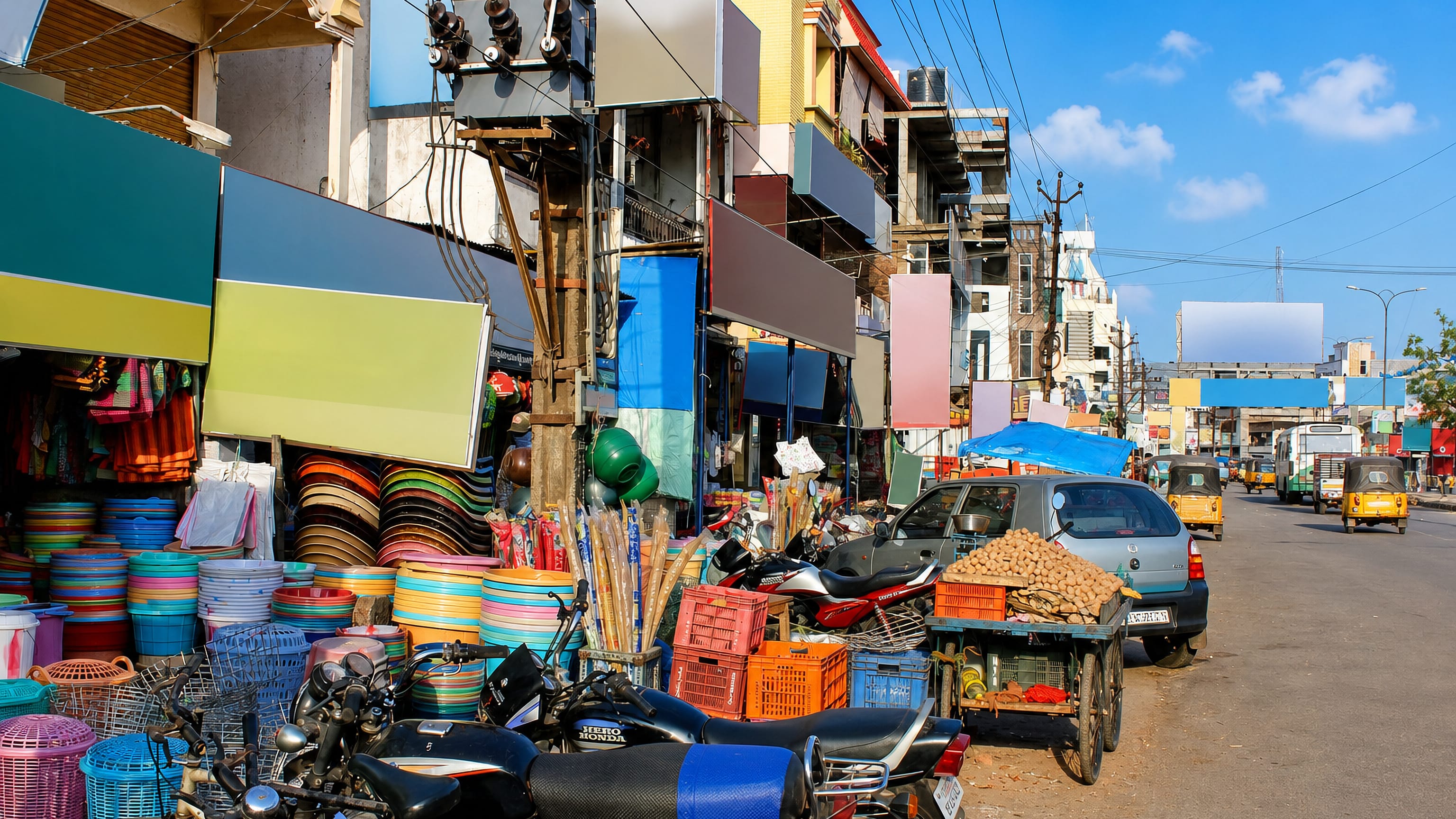 Busy market street lined with plastic housewares, motorbikes and auto-rickshaws in Amalapuram, Andhra Pradesh.