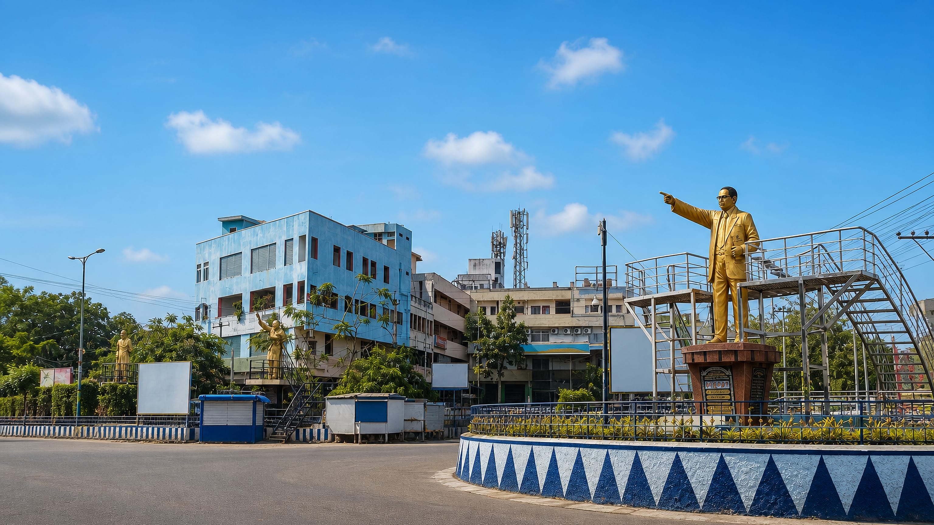 Gold statue on a painted traffic island amid low-rise buildings on a sunlit street in Chirala, Andhra Pradesh.
