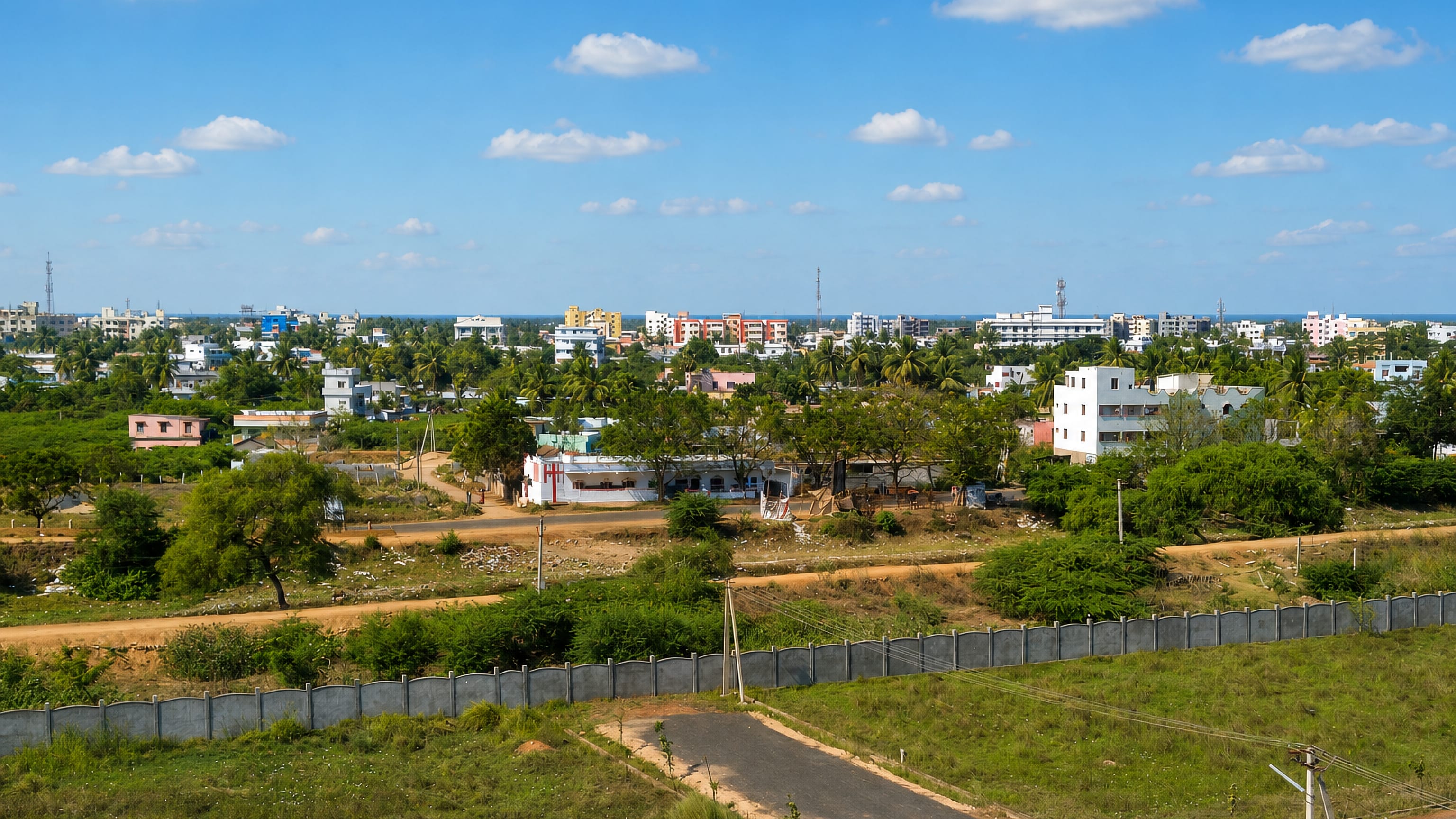 Low-rise houses, palms and dirt lanes spreading across Satrampadu on the edge of Eluru.