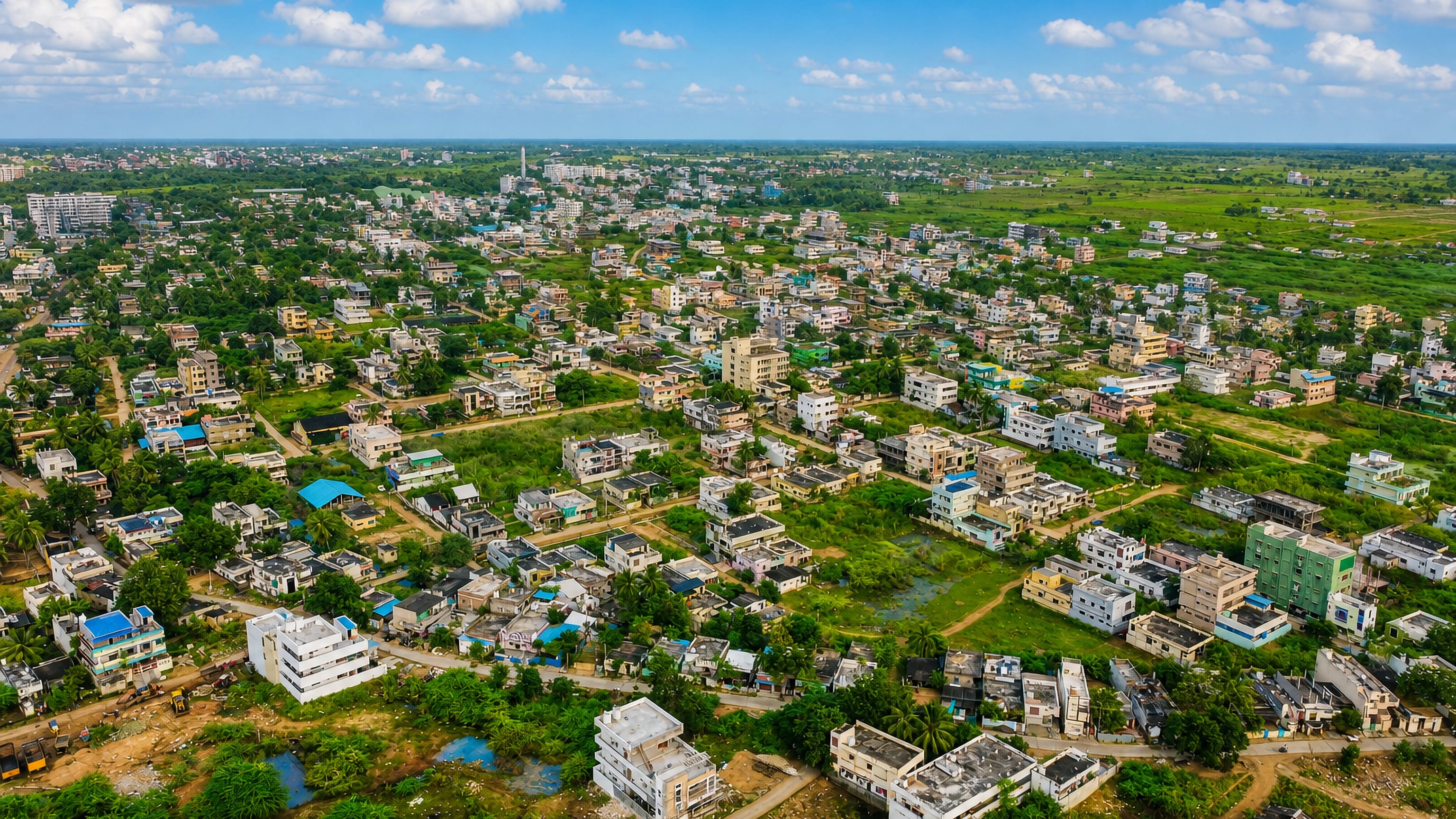 Aerial view of low-rise houses, palms and green fields across Tangellamudi on the edge of Eluru