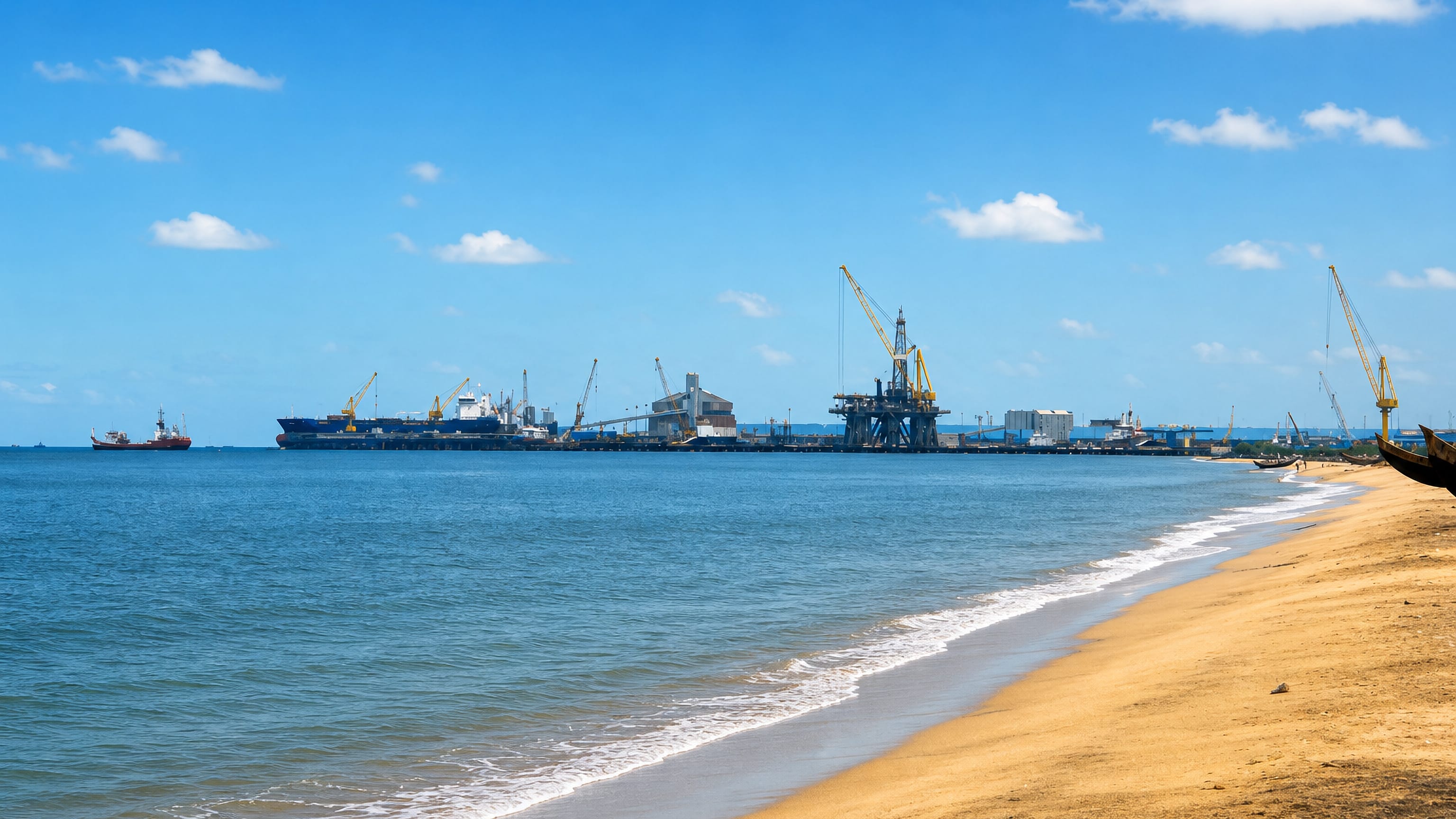 Port cranes, cargo ships and an offshore rig seen across the beach at Kakinada, Andhra Pradesh.