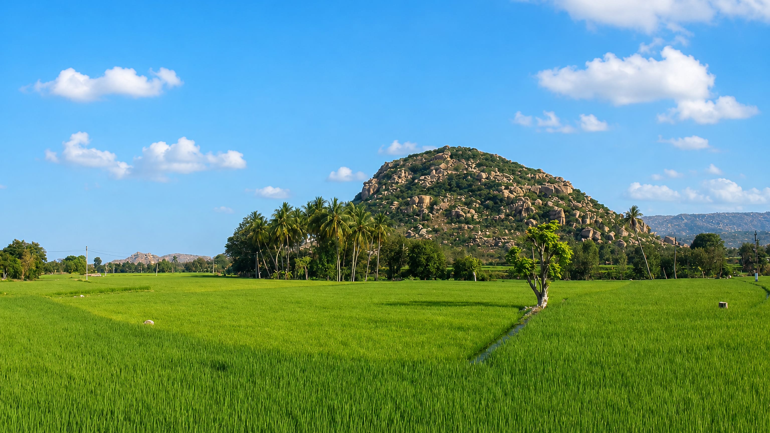 Green paddy fields and coconut palms below a granite boulder hill near Madanapalle, Andhra Pradesh.