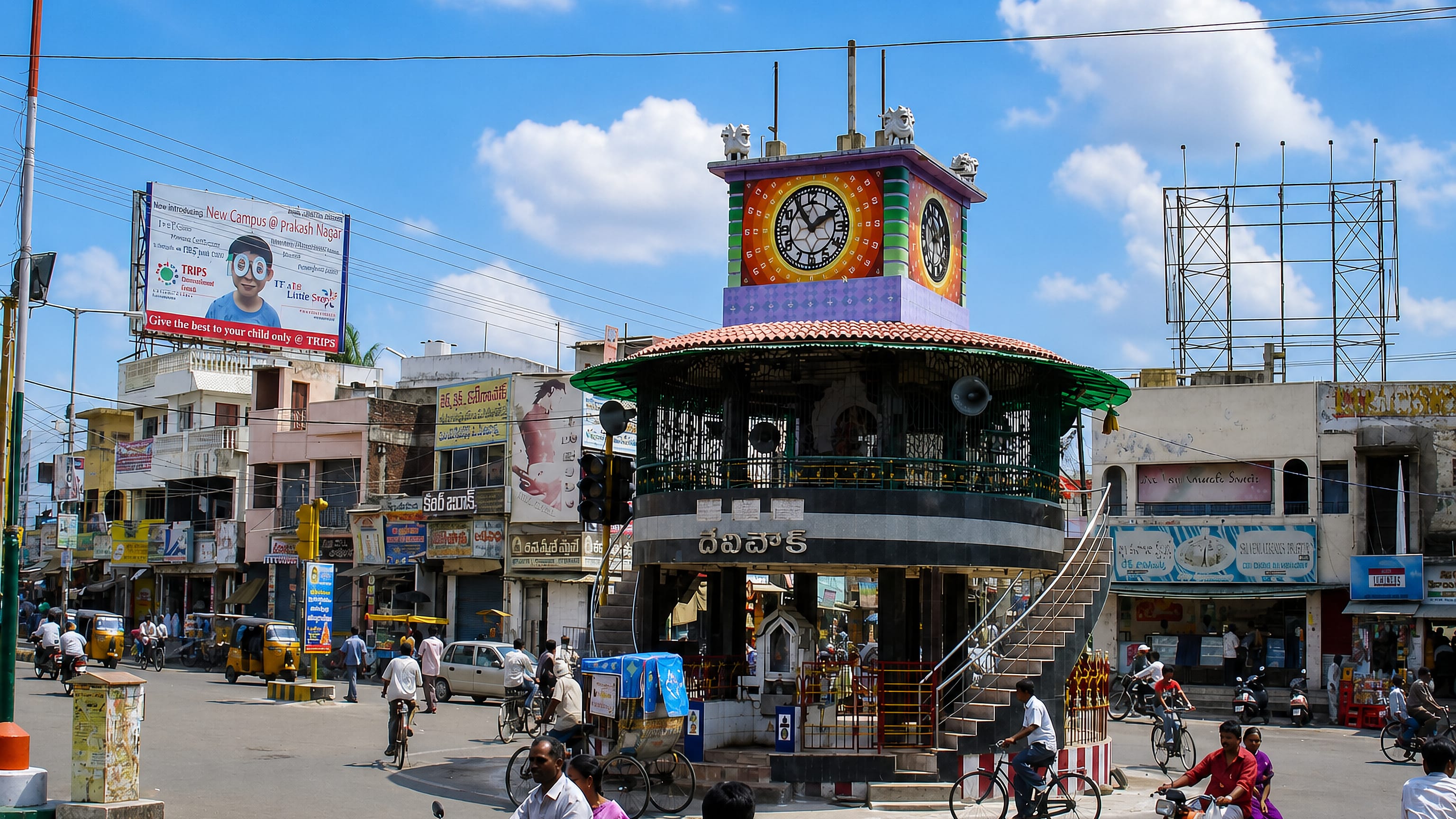 Devi Chowk clock tower and the busy shop-lined junction in the centre of Rajamahendravaram, Andhra Pradesh.