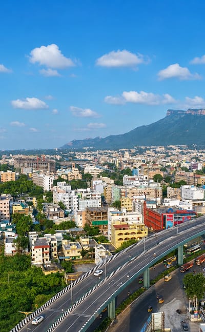 Tirupati cityscape with an elevated flyover and the flat-topped Tirumala hills beyond