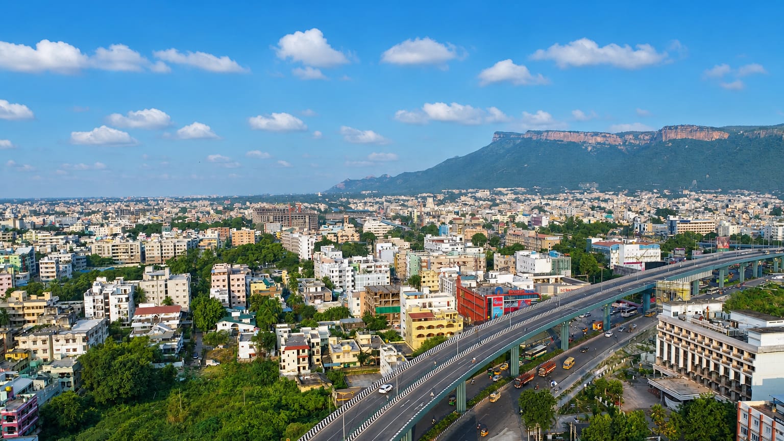 Tirupati cityscape with an elevated flyover and the flat-topped Tirumala hills beyond