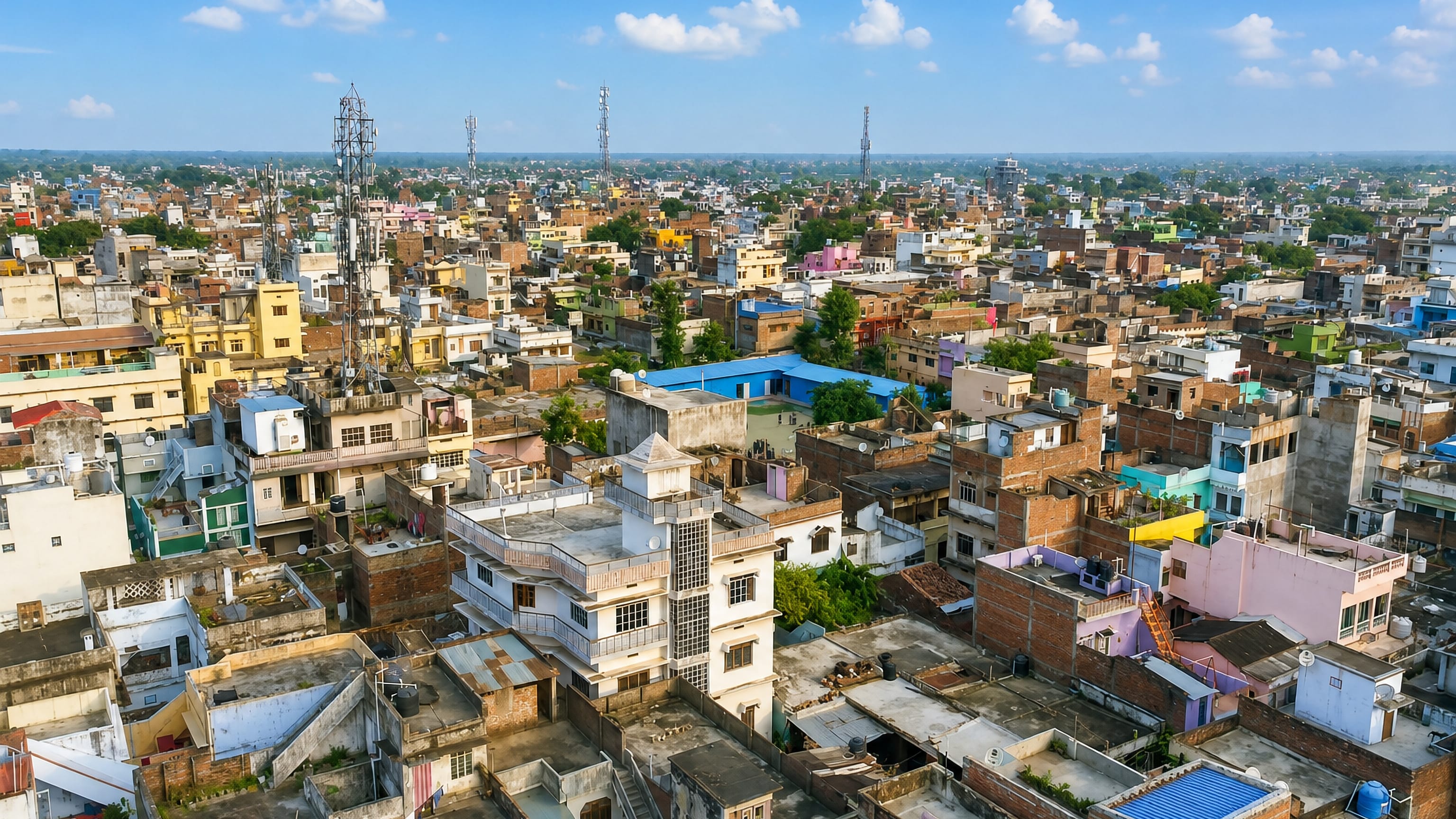 Rooftops, mobile masts and brightly painted houses packed across Bettiah in Bihar, India.