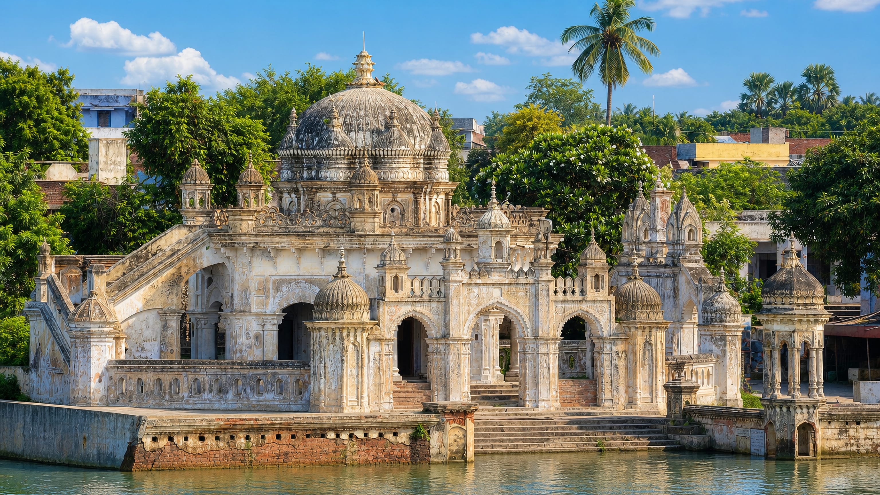 Ornate domed riverside temple pavilion with carved chhatris standing above the water at Bhagalpur, Bihar.