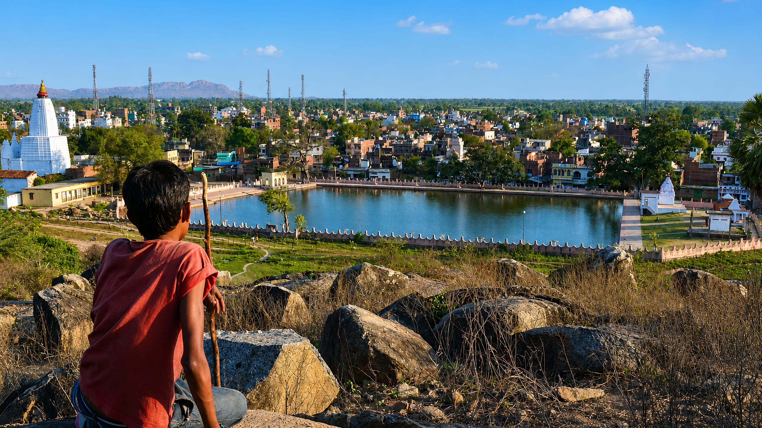 A boy on a rocky hilltop overlooking Gaya, Bihar, with a large temple tank, white shikhara and low-rise town.