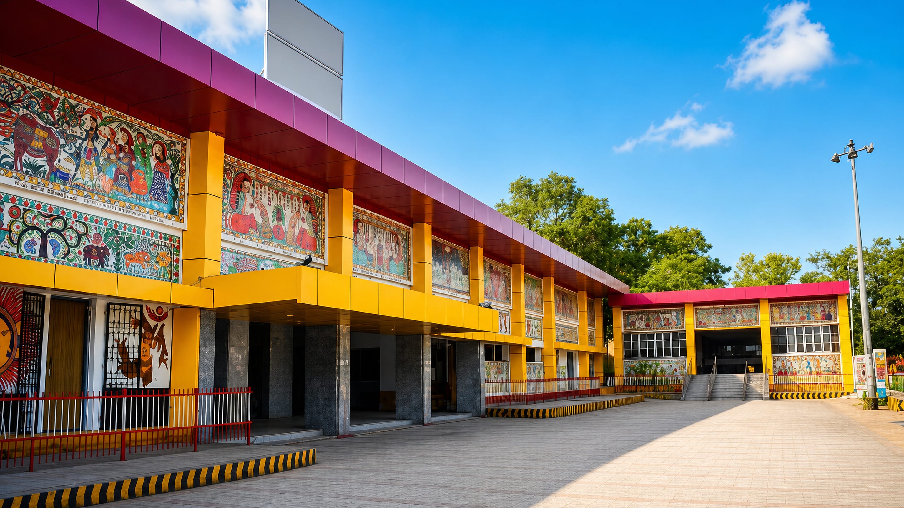 A civic building in Madhubani, Bihar, faced with brightly painted Mithila murals under a clear blue sky.