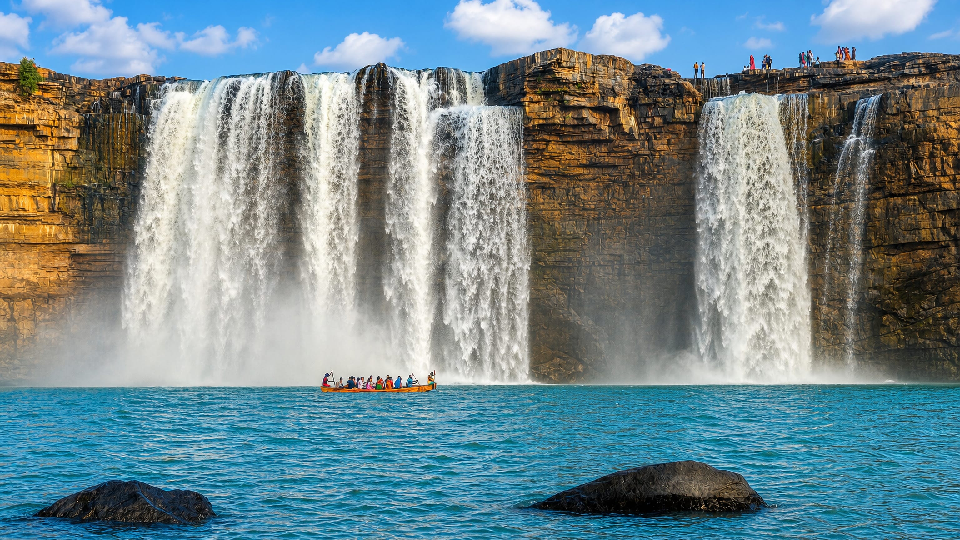 Chitrakote Falls on the Indravati River near Jagdalpur, Chhattisgarh, with a boat below the wide cascade.