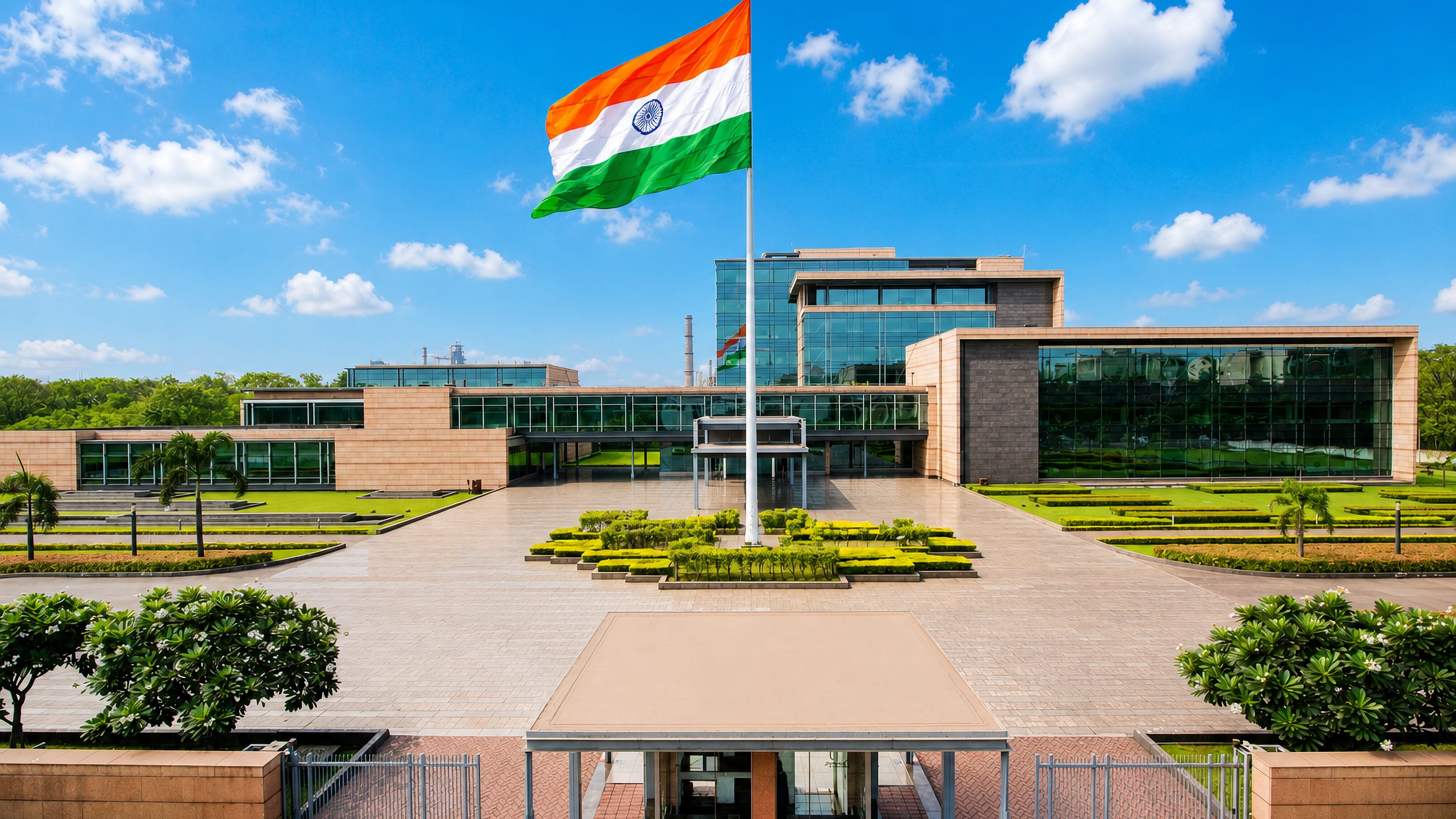 Landscaped plaza and glass office block flying the Indian flag in Raigarh, Chhattisgarh