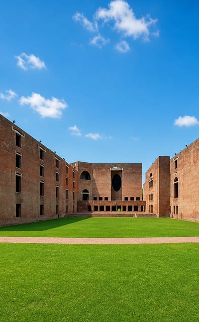 The red-brick modernist buildings and lawn of the Indian Institute of Management in western Ahmedabad
