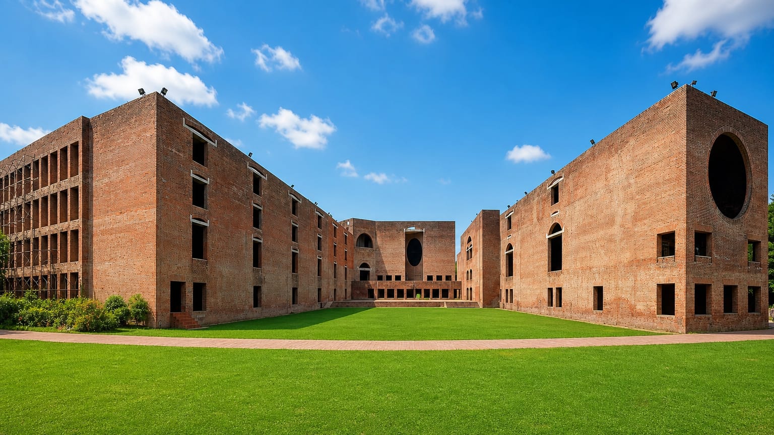 The red-brick modernist buildings and lawn of the Indian Institute of Management in western Ahmedabad