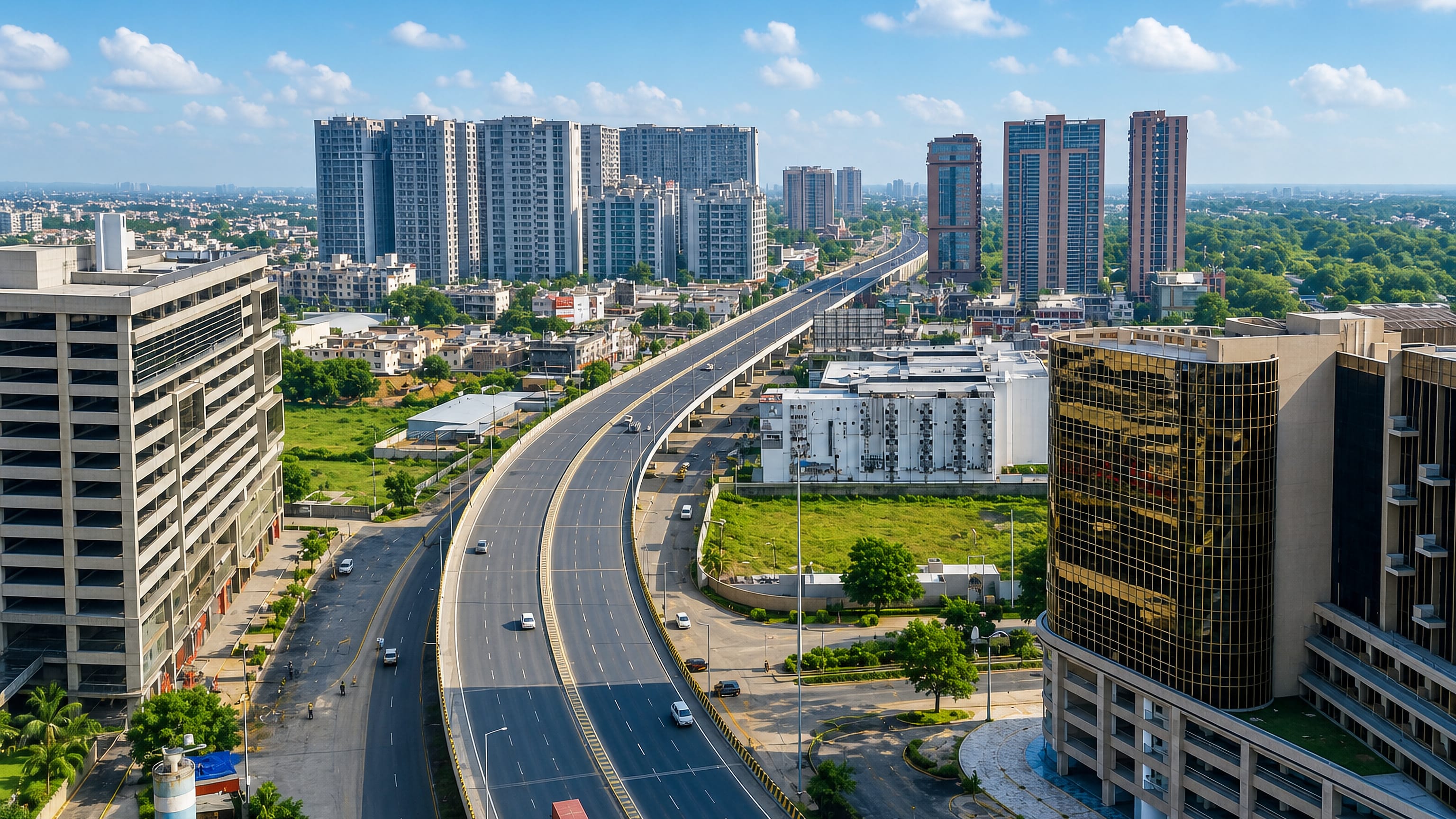 Elevated expressway running past high-rise towers and a gold-glass office block in Ahmedabad.