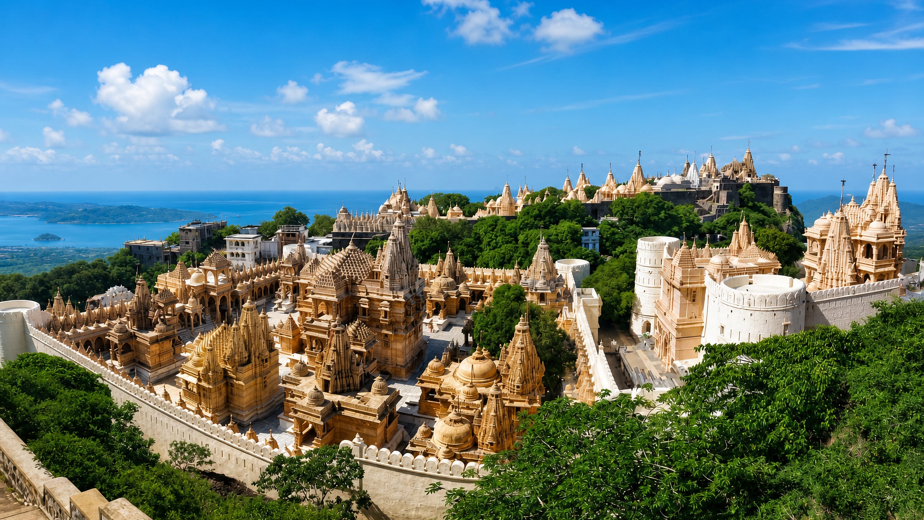 Palitana's cluster of carved Jain temples crowning Shatrunjaya hill above wooded slopes in Gujarat.