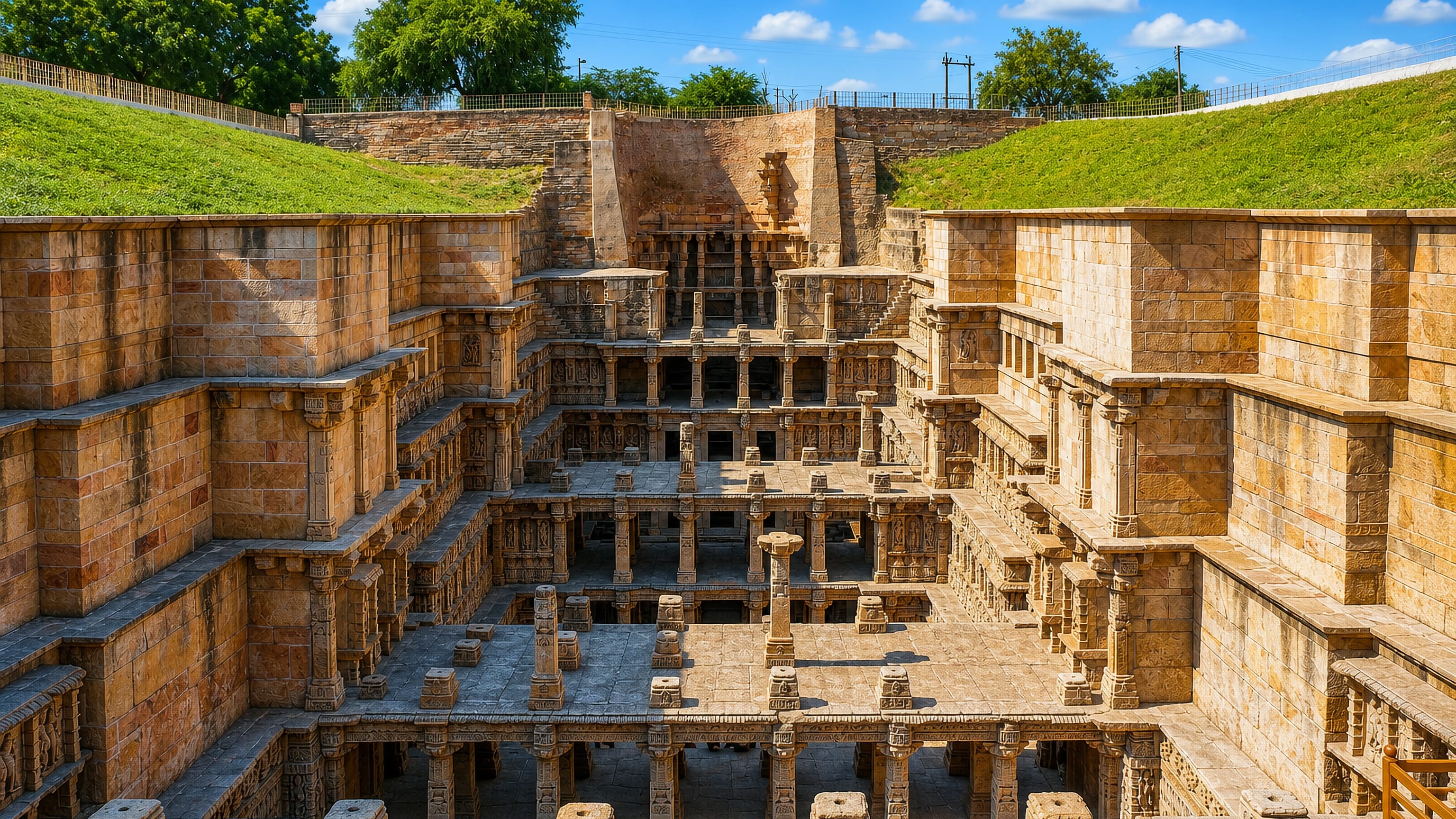 Terraced sandstone galleries and carved pillars of the Rani ki Vav stepwell in Patan, Gujarat, under a blue sky.
