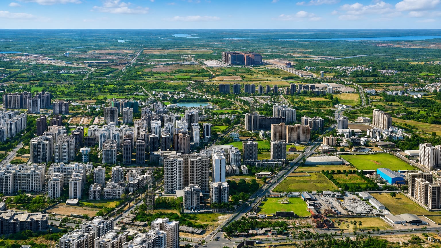Aerial view of Surat's mid-rise apartments and greenery stretching to the horizon