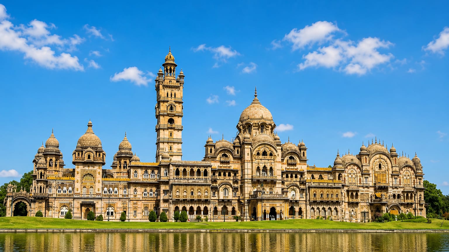 Lakshmi Vilas Palace in Vadodara, India, its Indo-Saracenic towers and domes reflected in a calm lake.