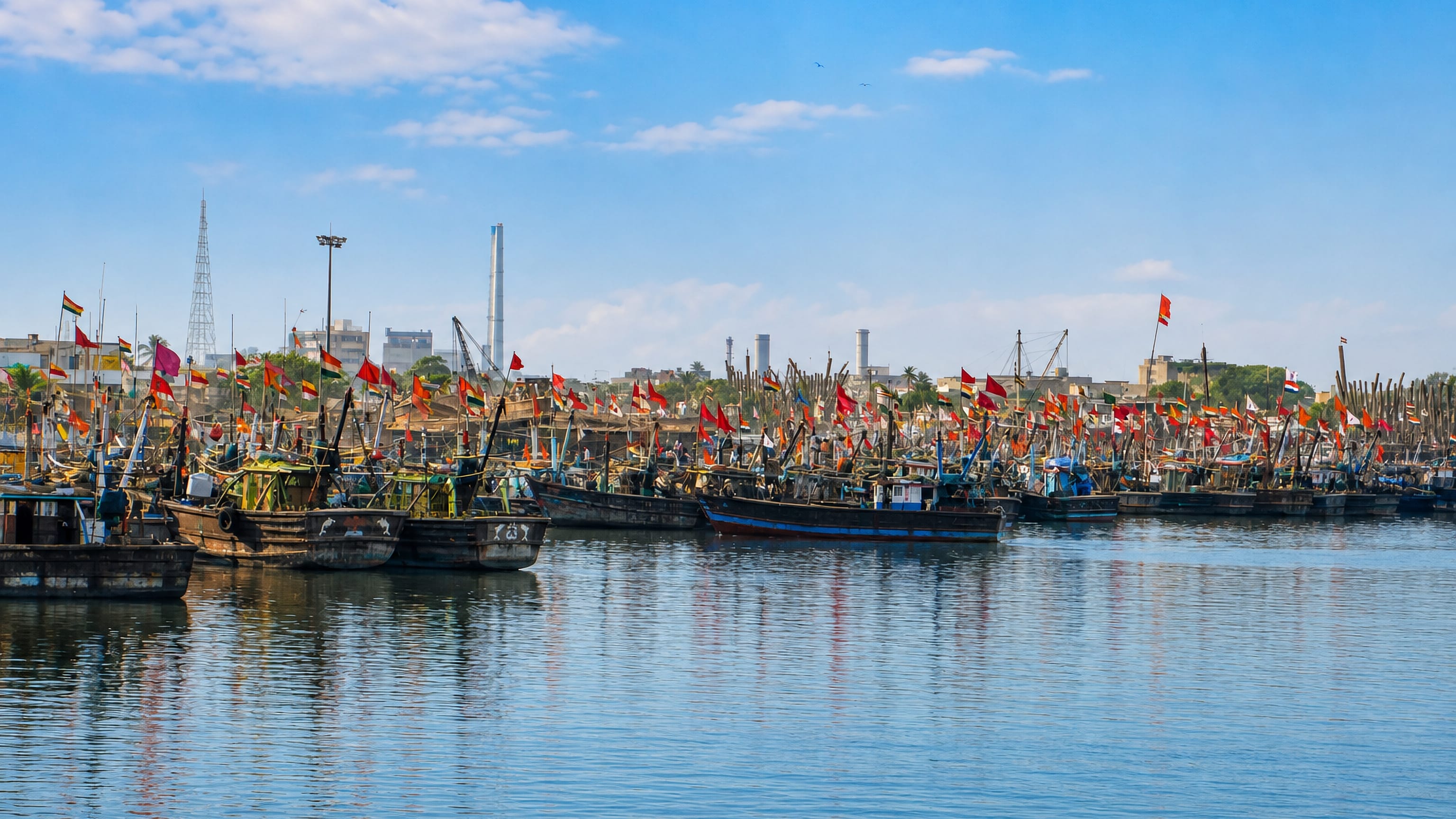 Wooden fishing boats flying colourful flags crowd the harbour at Veraval, Gujarat, India.