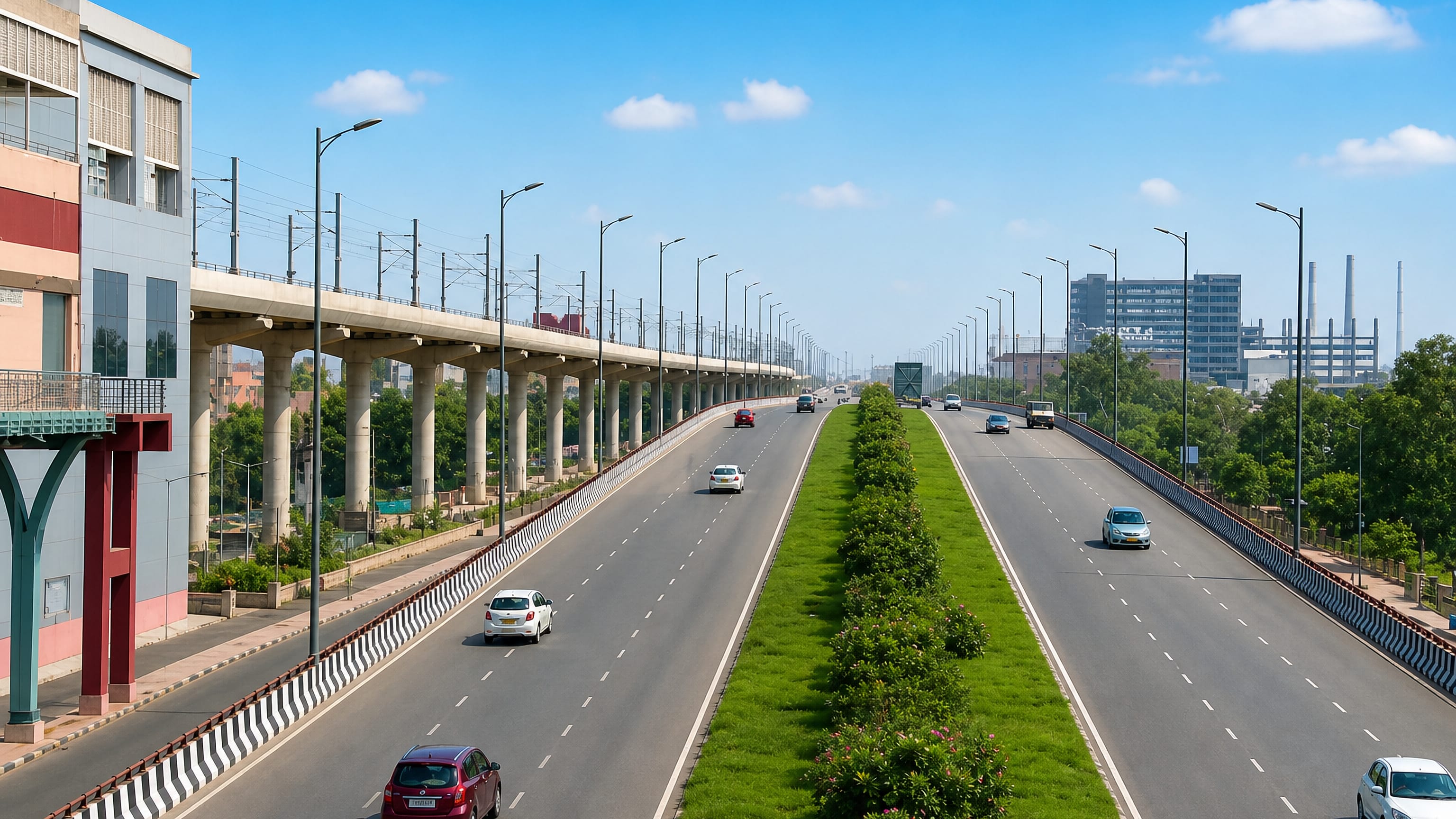 Wide highway through Faridabad, India, running beside the elevated metro viaduct toward distant industrial towers.