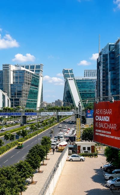Glass office towers of Gurugram's Cyber City lining a broad expressway with a roadside billboard under a blue sky