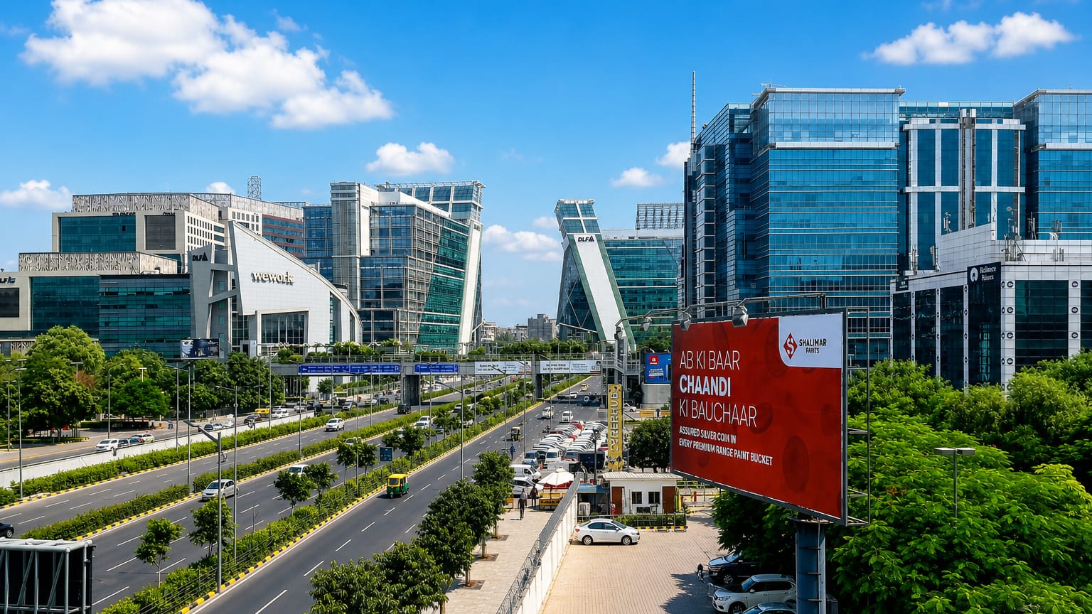 Glass office towers of Gurugram's Cyber City lining a broad expressway with a roadside billboard under a blue sky