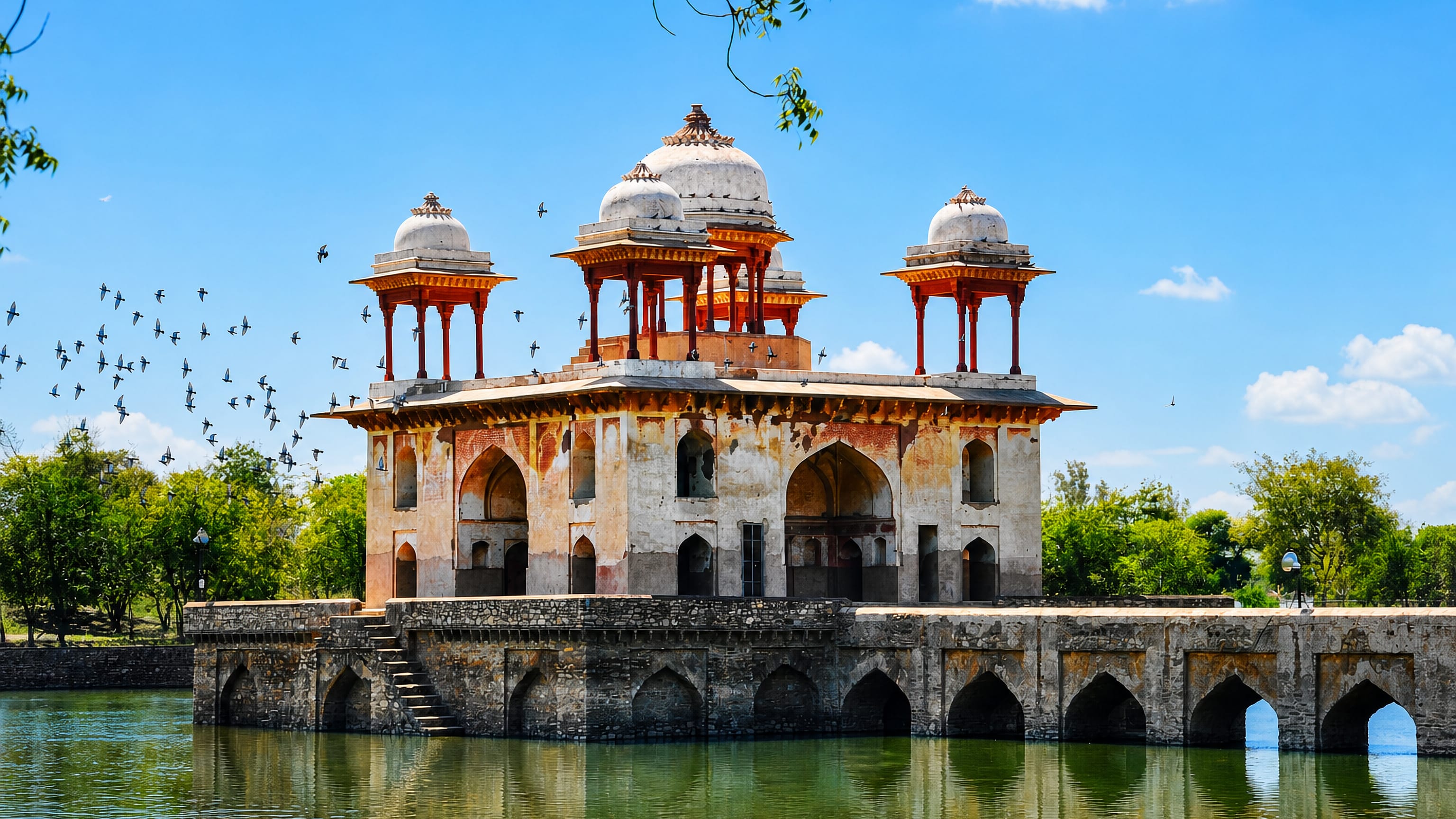 Narnaul's Mughal Jal Mahal pavilion and arched causeway rising from its water tank, Haryana.
