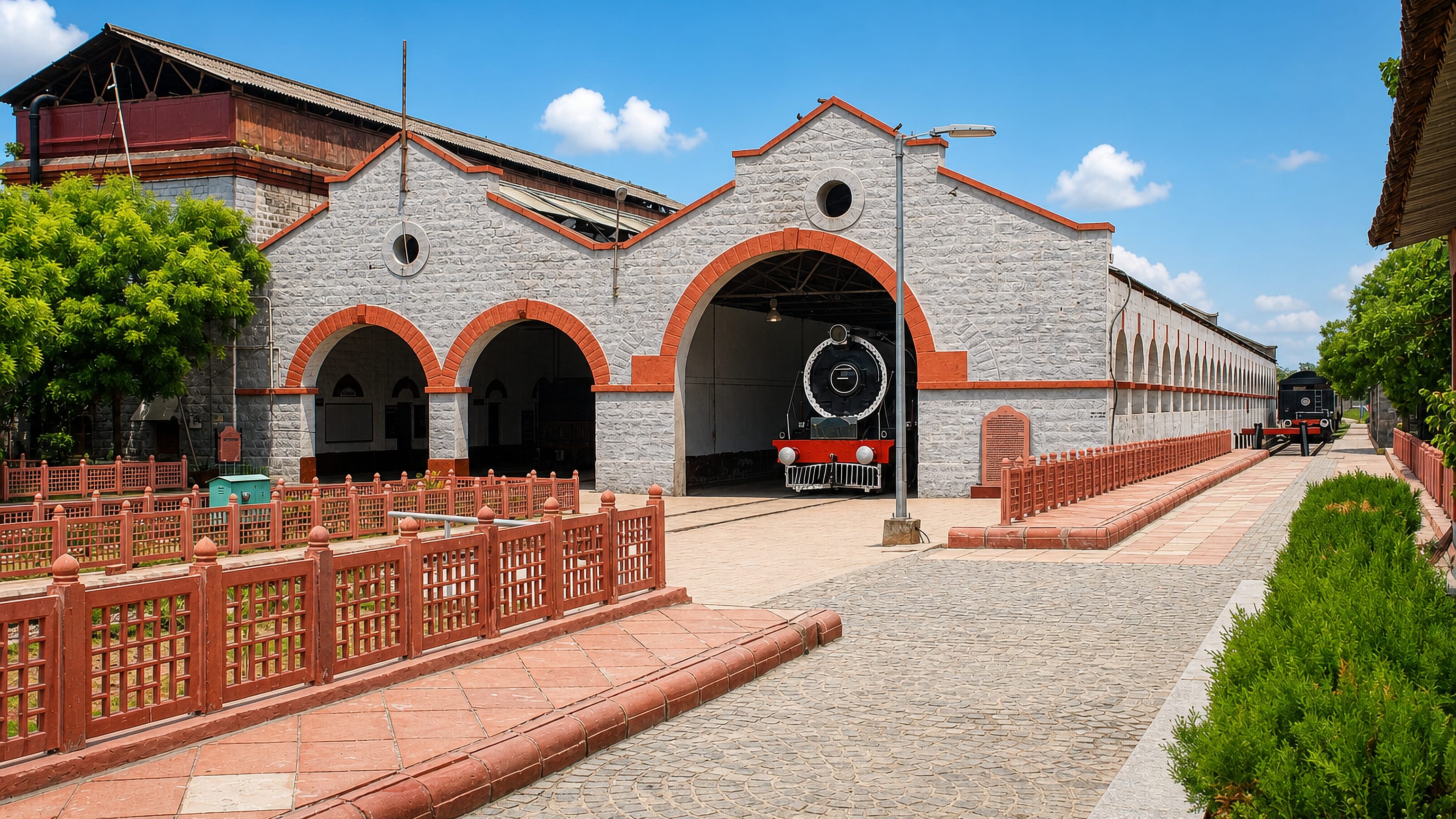 Steam locomotive inside the arched stone engine shed of Rewari's railway heritage centre, Haryana.