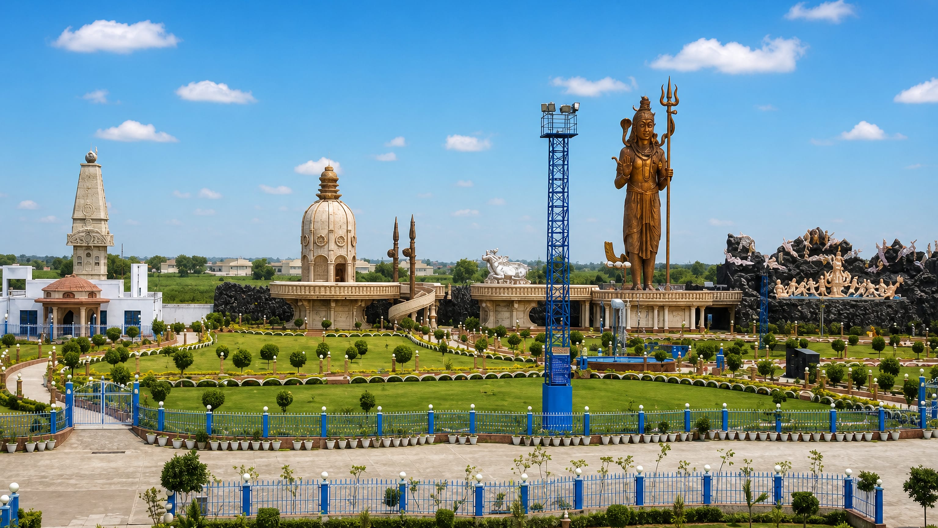 Temple complex in Sirsa, Haryana, with a towering gilded Shiva statue, shikharas and formal gardens.