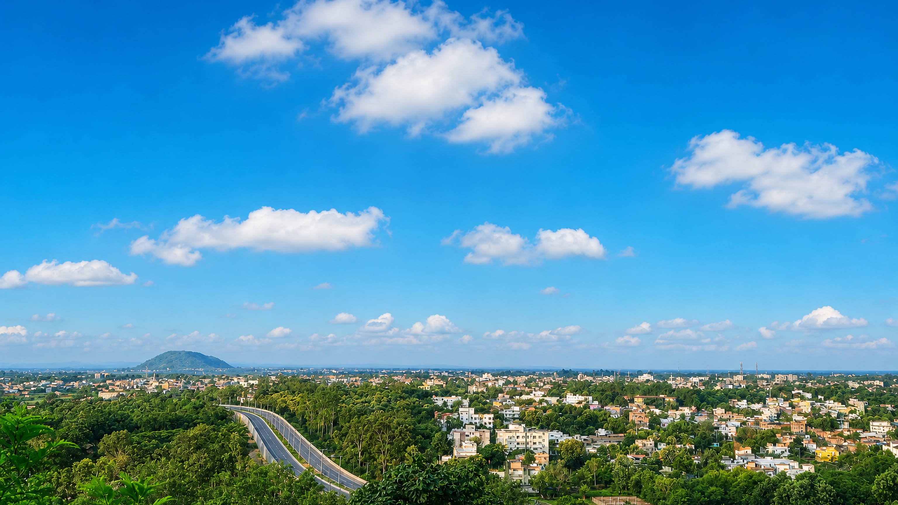 Elevated view over the green low-rise sprawl of Hazaribagh, Jharkhand, with a flyover and a distant hill.