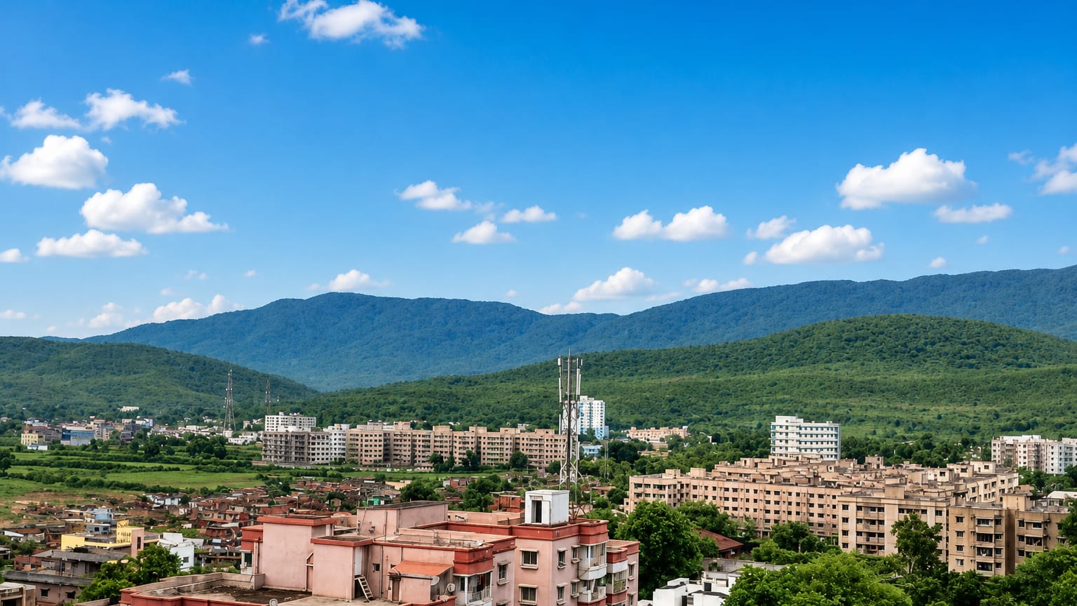 Jamshedpur's apartment blocks and greenery spread below forested Dalma hills under a blue sky.