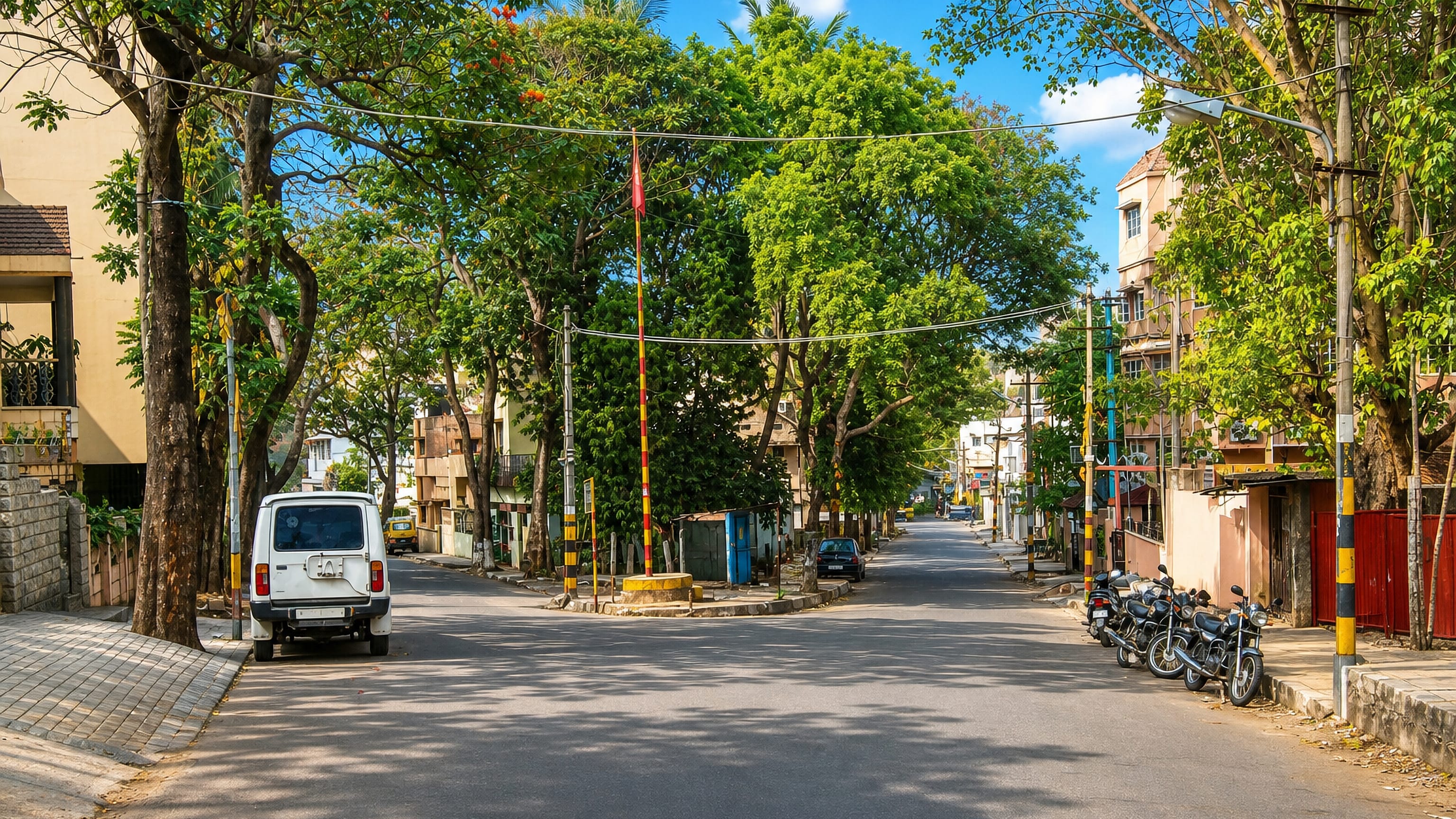 Tree-lined residential street with flowering gulmohars and parked motorcycles in Jayanagar, Bengaluru.