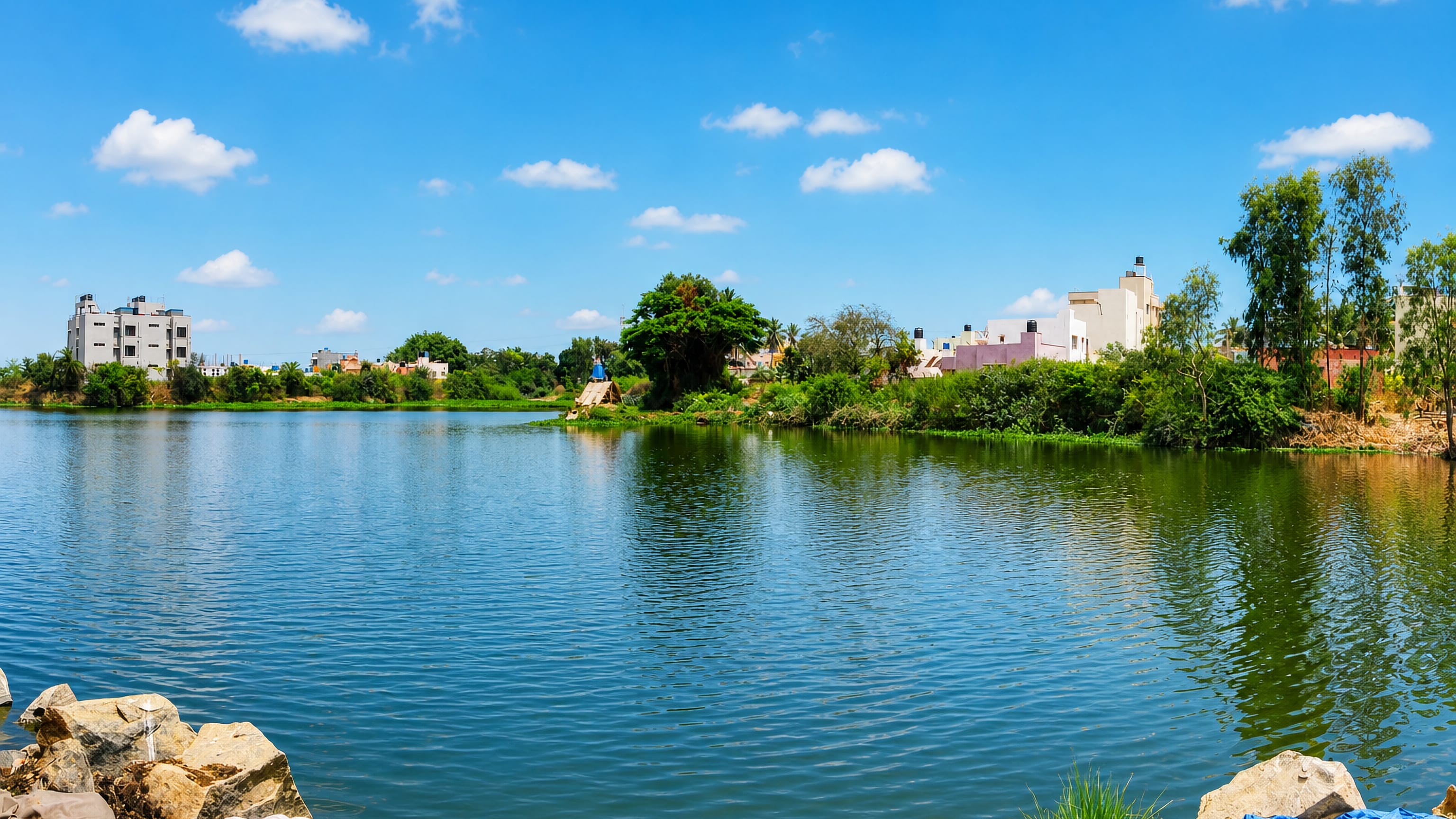A lake fringed with greenery and low houses in Ramamurthy Nagar, eastern Bengaluru