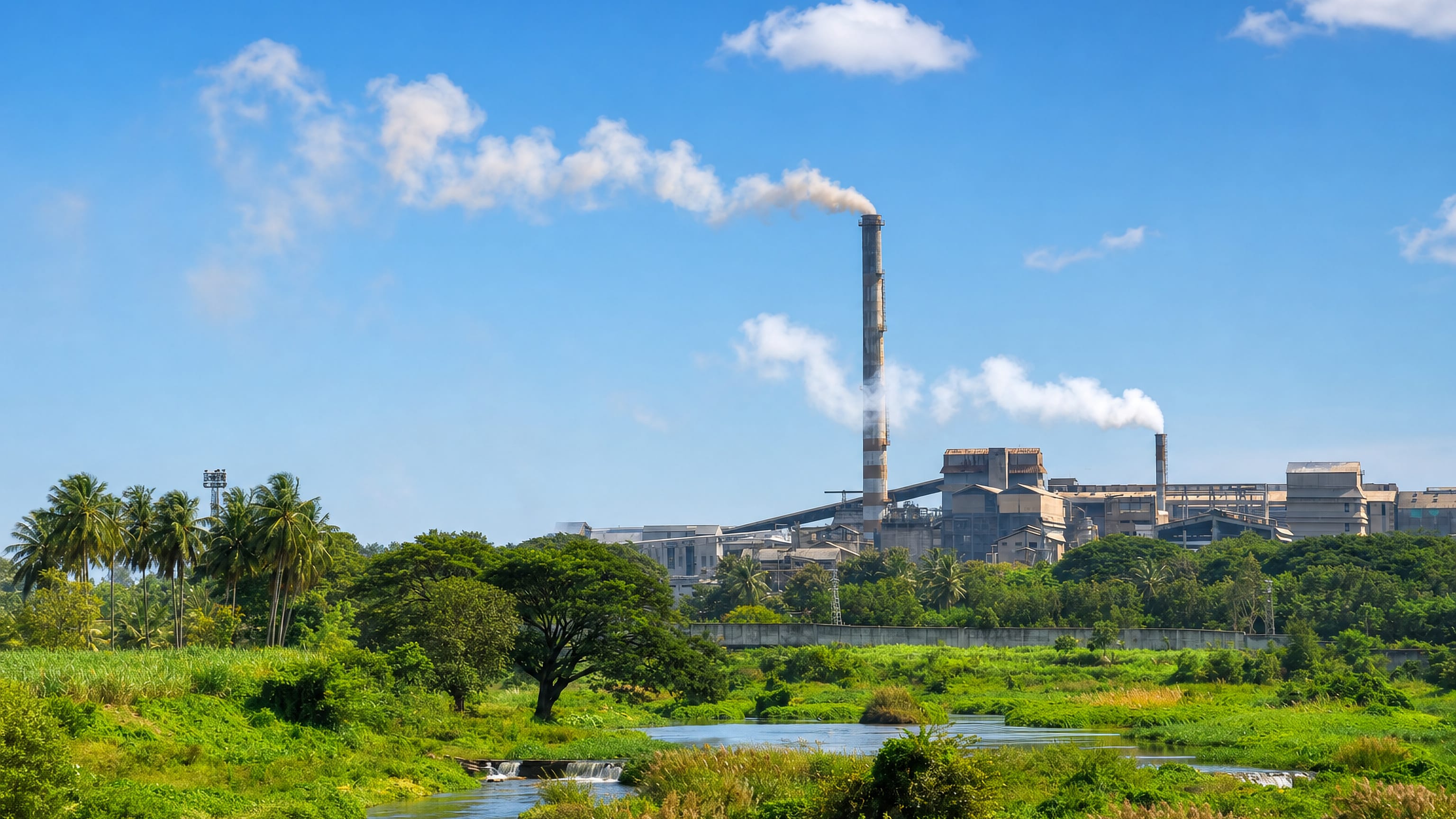Bhadravati, Karnataka: an industrial plant's chimneys rise beyond palms and the green banks of a river.