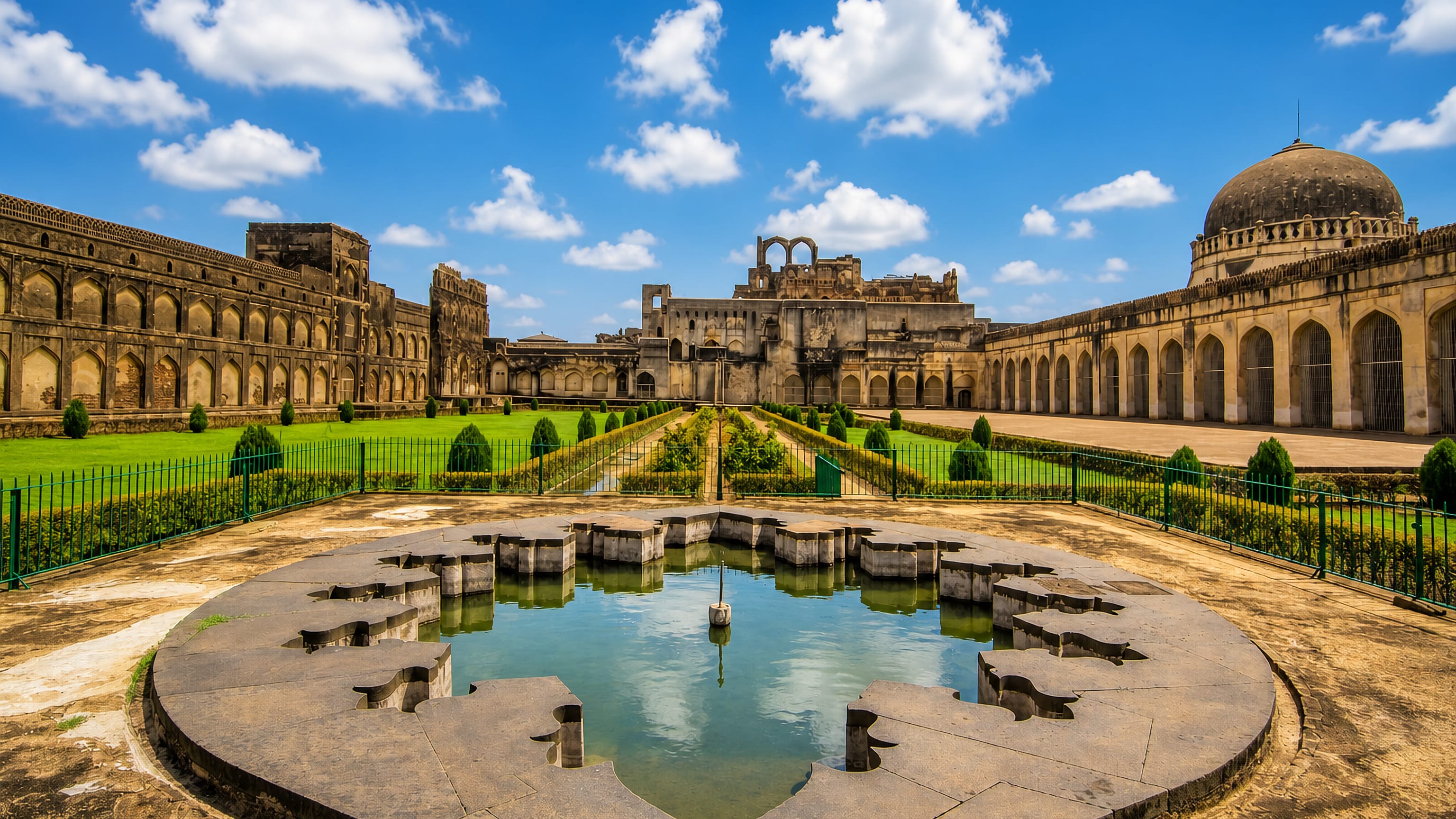 The arcaded ruins, gardens and domed hall of Bidar Fort in Bidar, Karnataka, India.