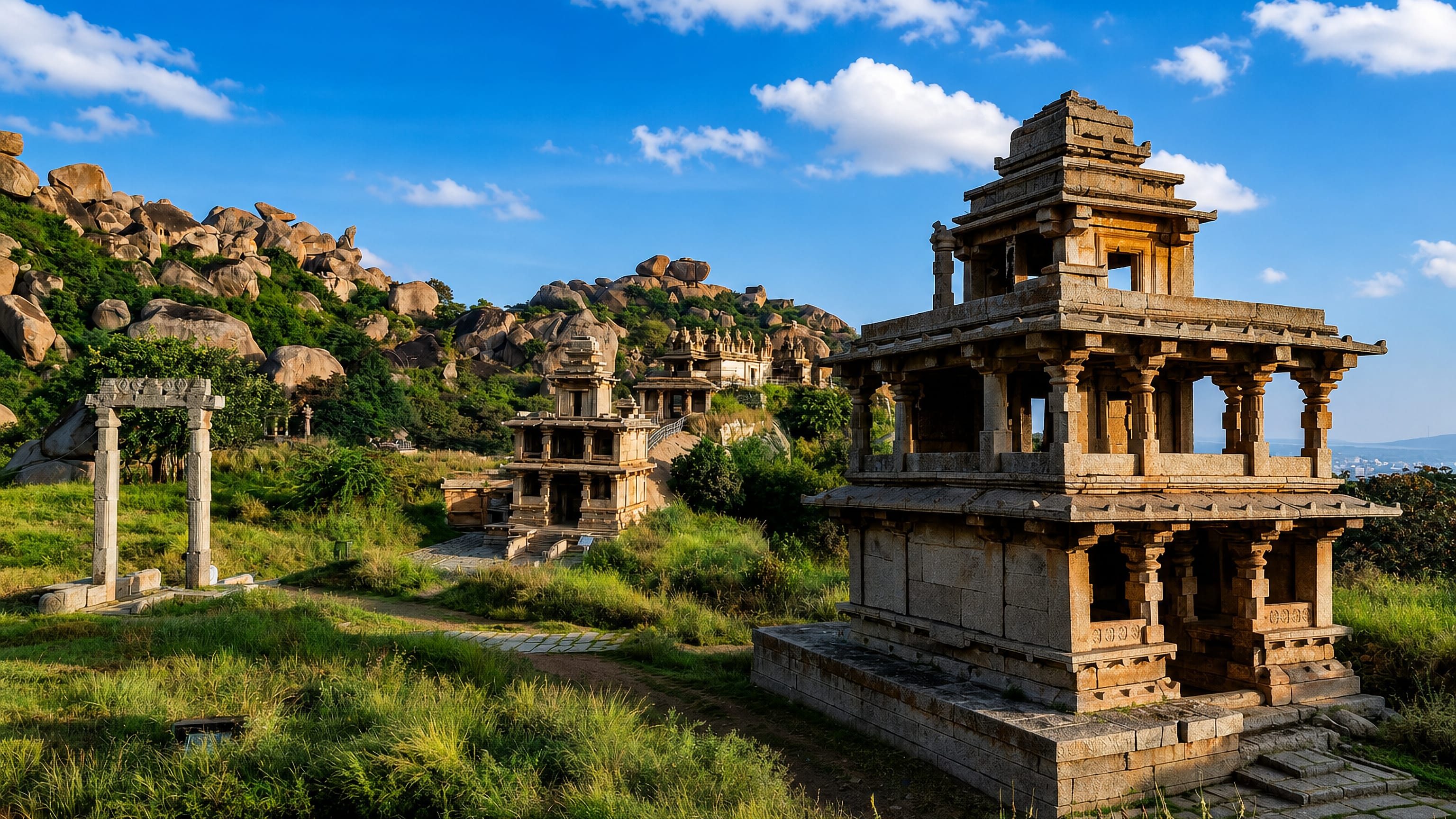 Stone pavilions of Chitradurga's hill fort standing among granite boulders and grass in Karnataka, India.