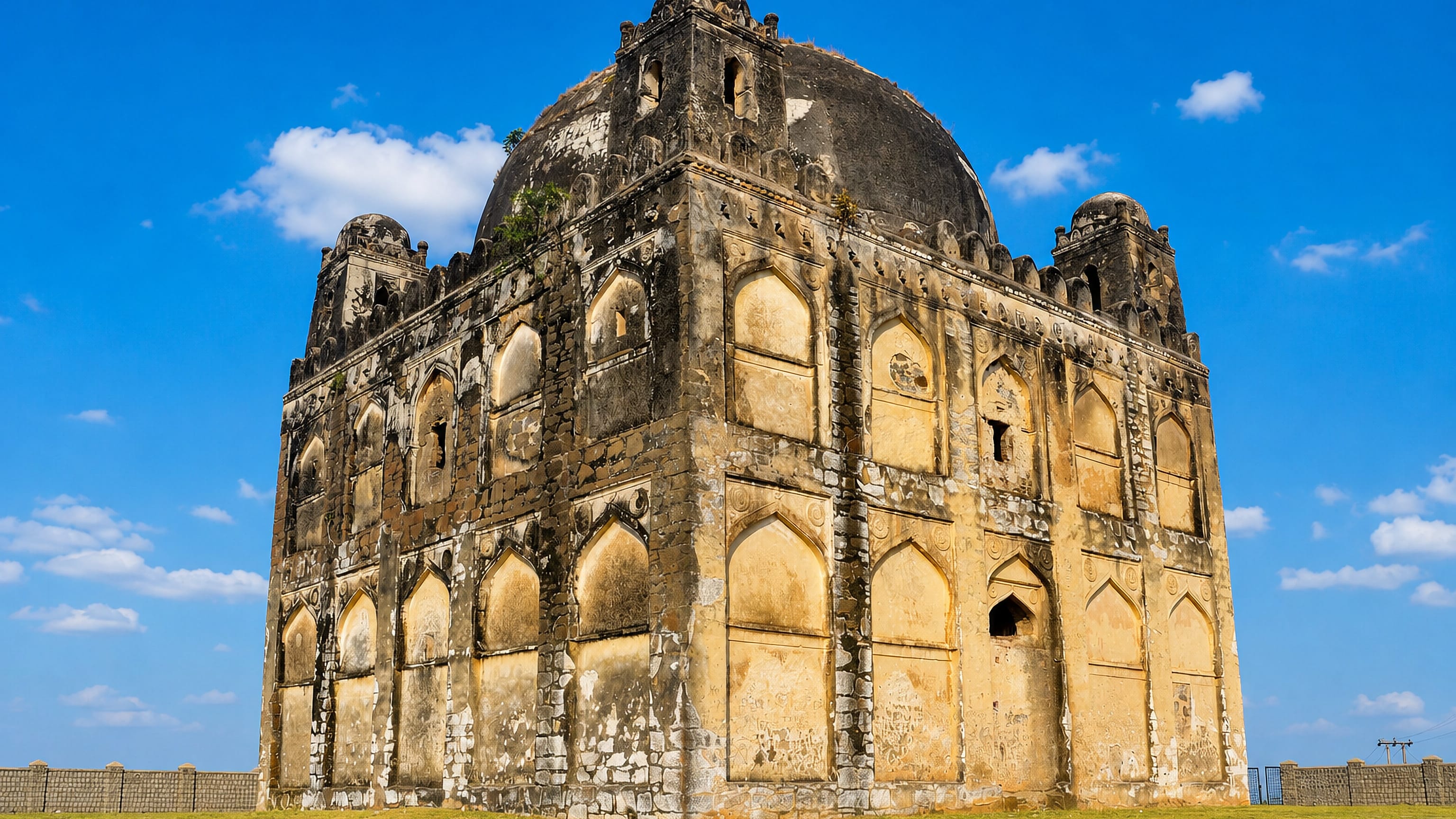 Ruined Bahmani-era domed tomb standing on open grassland under a bright blue sky in Kalaburagi, Karnataka.