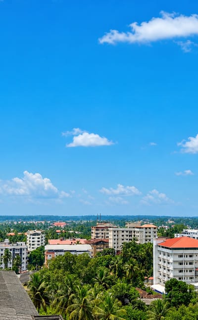 Red-tiled roofs and coconut palms among Mangaluru's white mid-rise buildings under a blue sky.