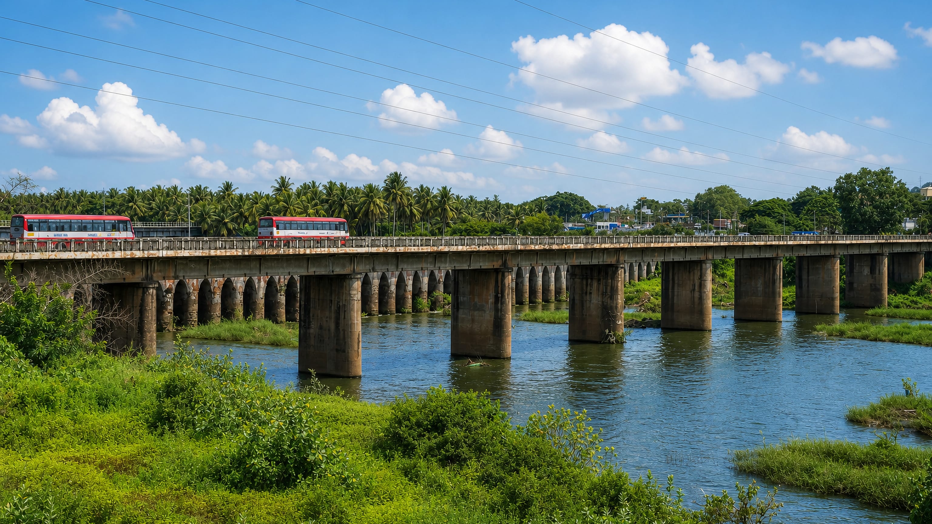 Red buses crossing the long arched masonry bridge over the river at Nanjangud, Karnataka.