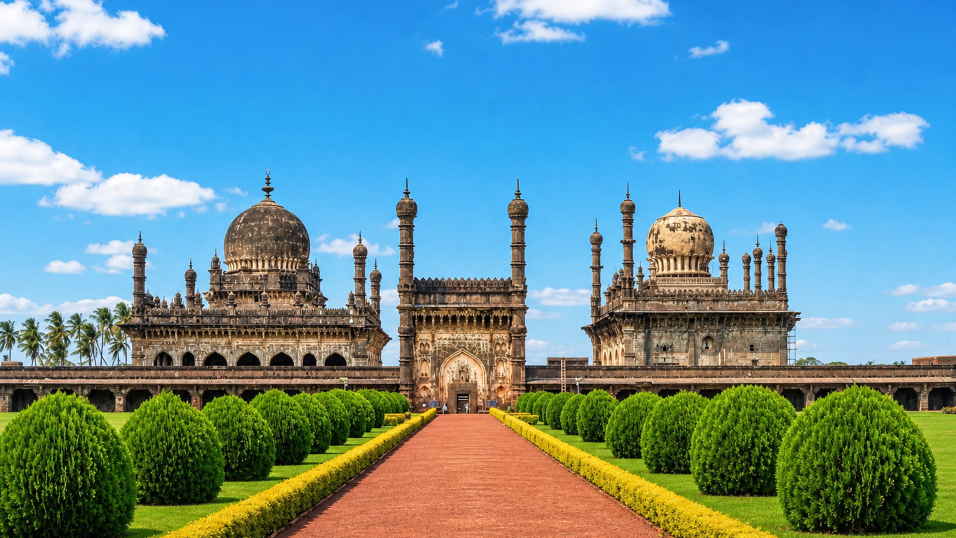 Domed Deccan tombs and central gateway of the Ibrahim Rauza complex in Vijayapura, framed by manicured gardens.