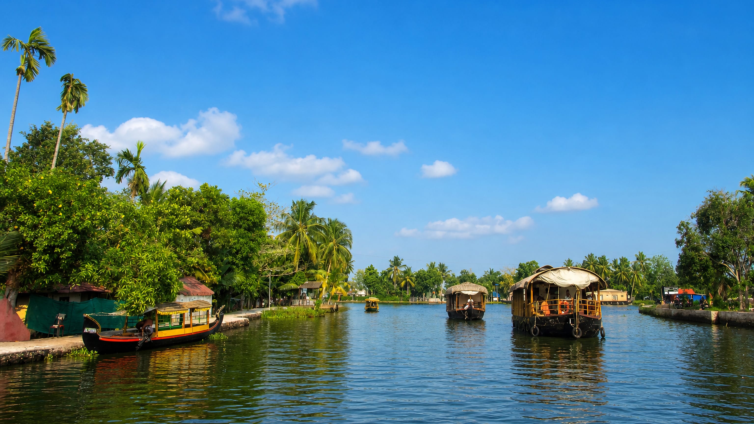 Kettuvallam houseboats on a palm-lined backwater canal in Alappuzha, Kerala, under a clear blue sky.
